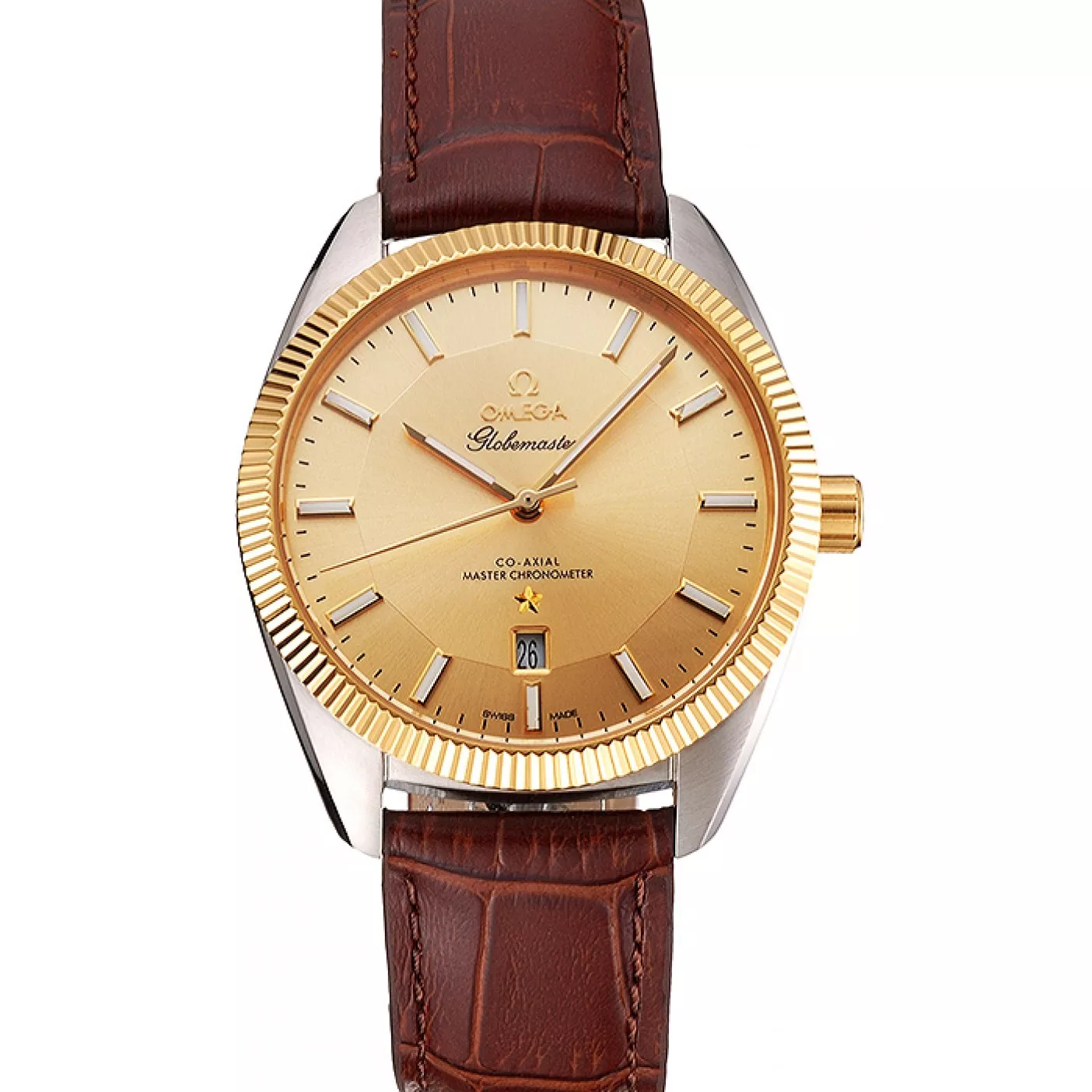 Omega Globemaster Gold Dial And Bezel Stainless Steel Case Brown Leather Strap 0206