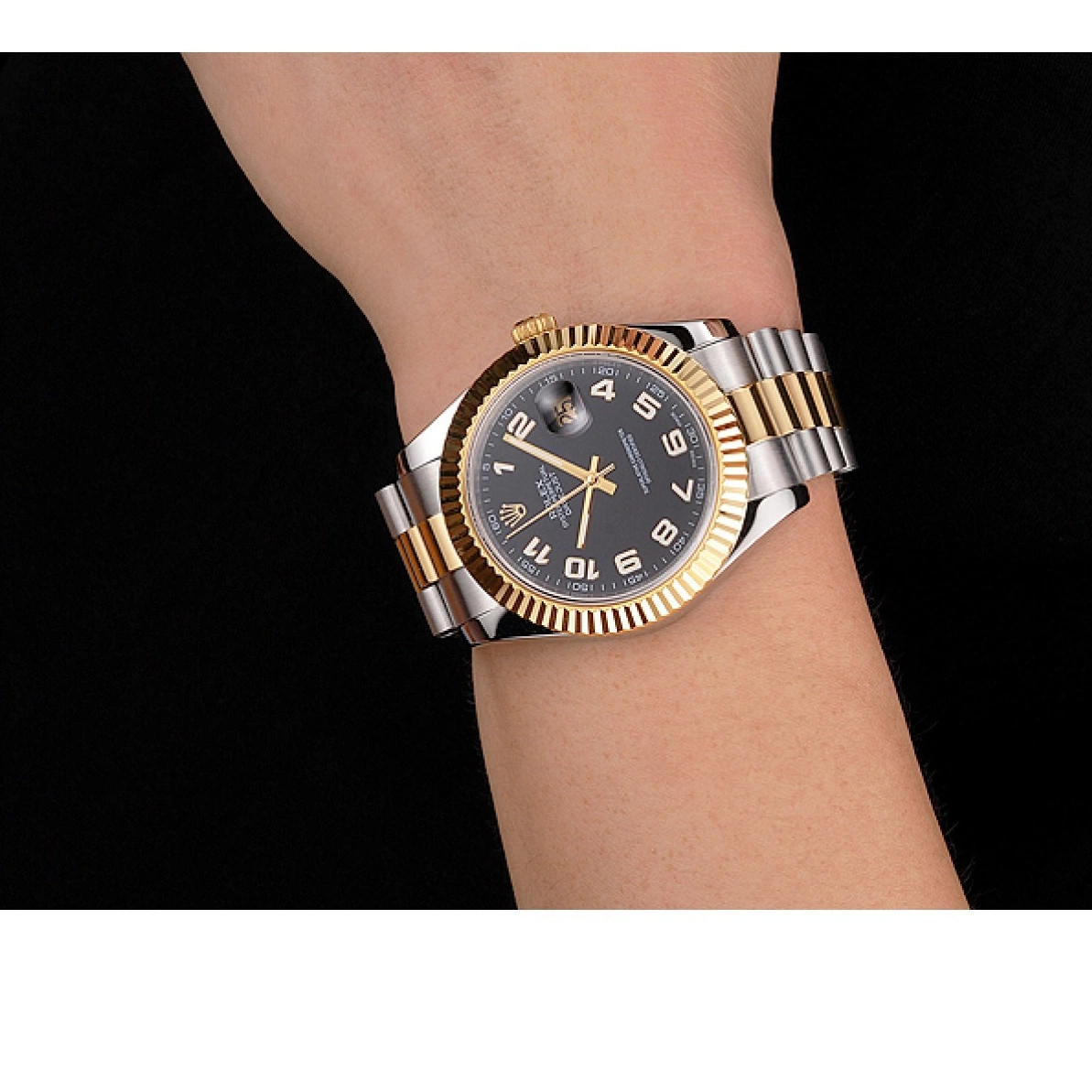 Good Copy Rolex Watches Case Stainless Black Gold Datejust Bracelet Dial Swiss Steel Bezel Rolex Tone Two 0210