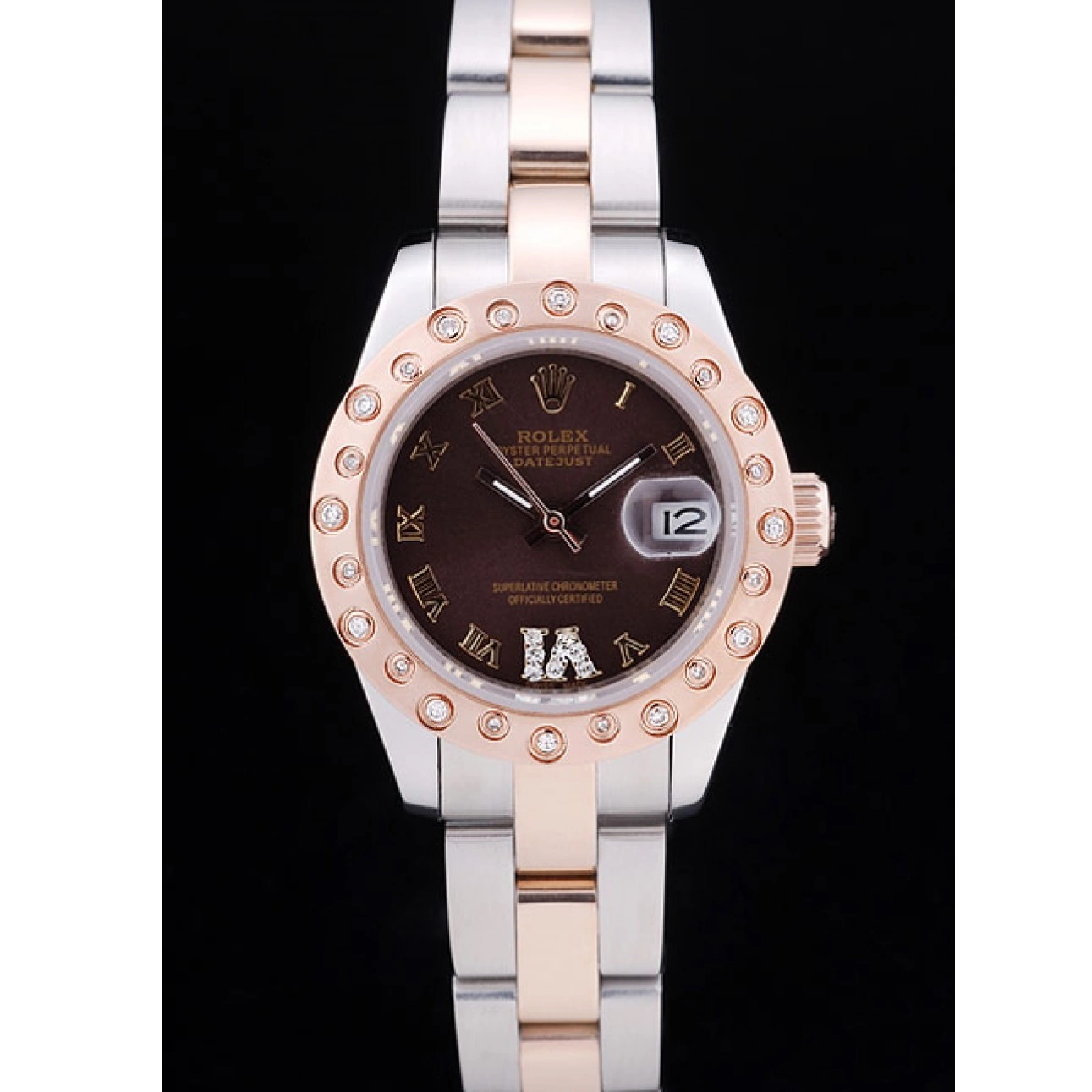 AAA Replica Watches Gold Dial Polished Datejust Rolex Rose Brown Bezel Diamonds 7475 0213