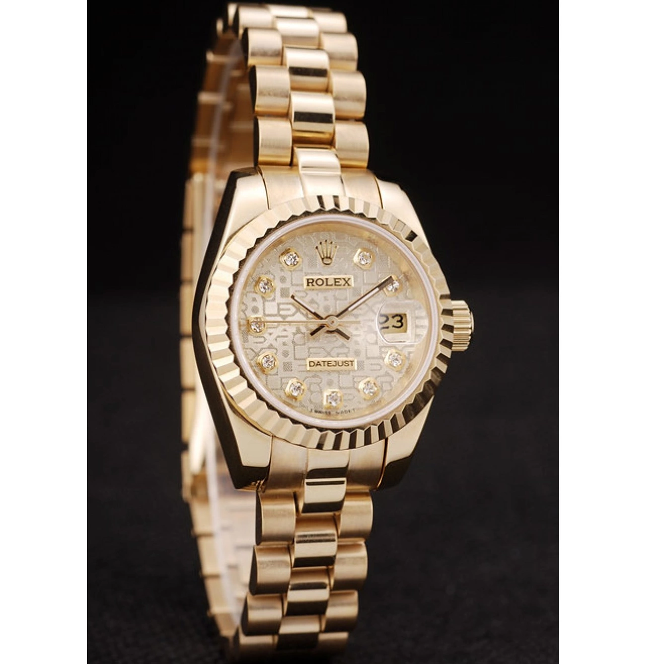 Good Copy Rolex Watches Ribbed Dial Gold Bezel Gold Rolex Pattern DateJust 0215