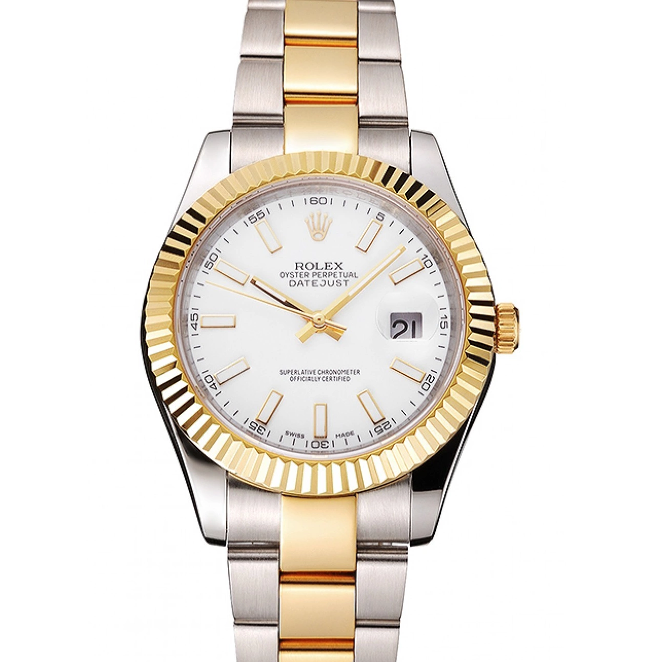 Best AAA Replica Sites Datejust Swiss Stainless Steel Rolex Gold Bracelet Case Dial Two White Tone 0222