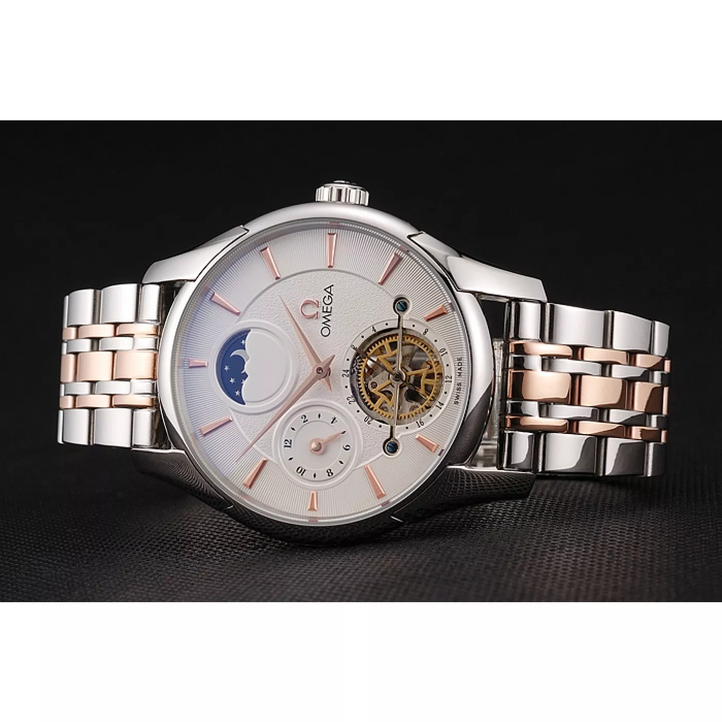 AAA Replica Watches Omega De Ville Moonphase Tourbillon White Dial Stainless Steel Case Two Tone Steel Rose Gold Bracelet 0206