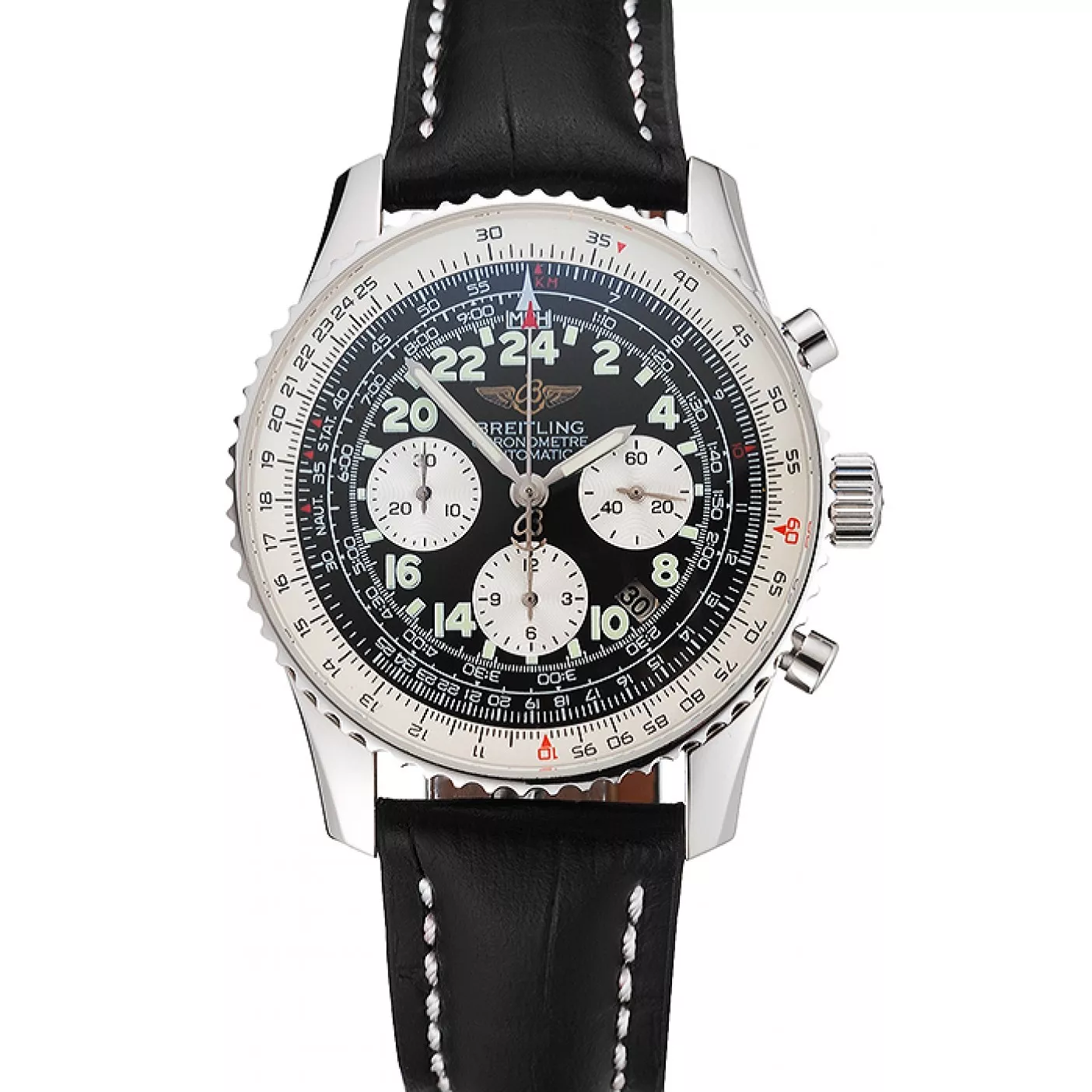 Swiss Breitling Navitimer Cosmonaute Black Dial Stainless Steel Case Black Leather Strap 0205