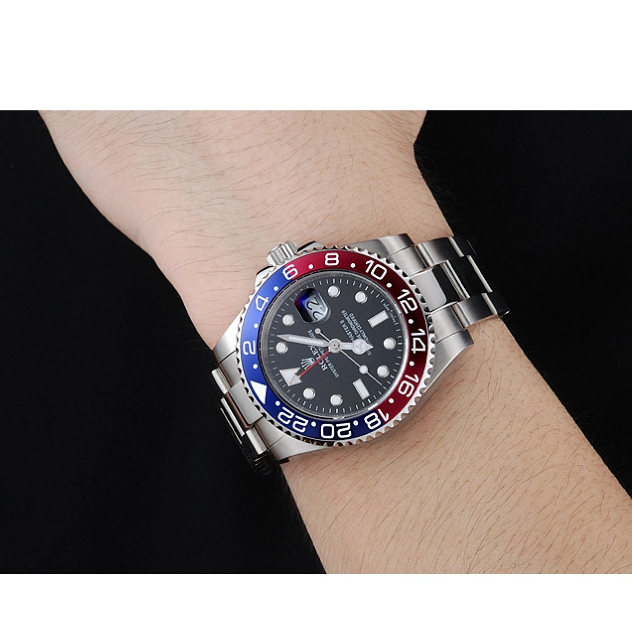 Best AAA Replica Sites Master Rolex Red Rose Dial Black Bezel II Blue Watch GMT 0218