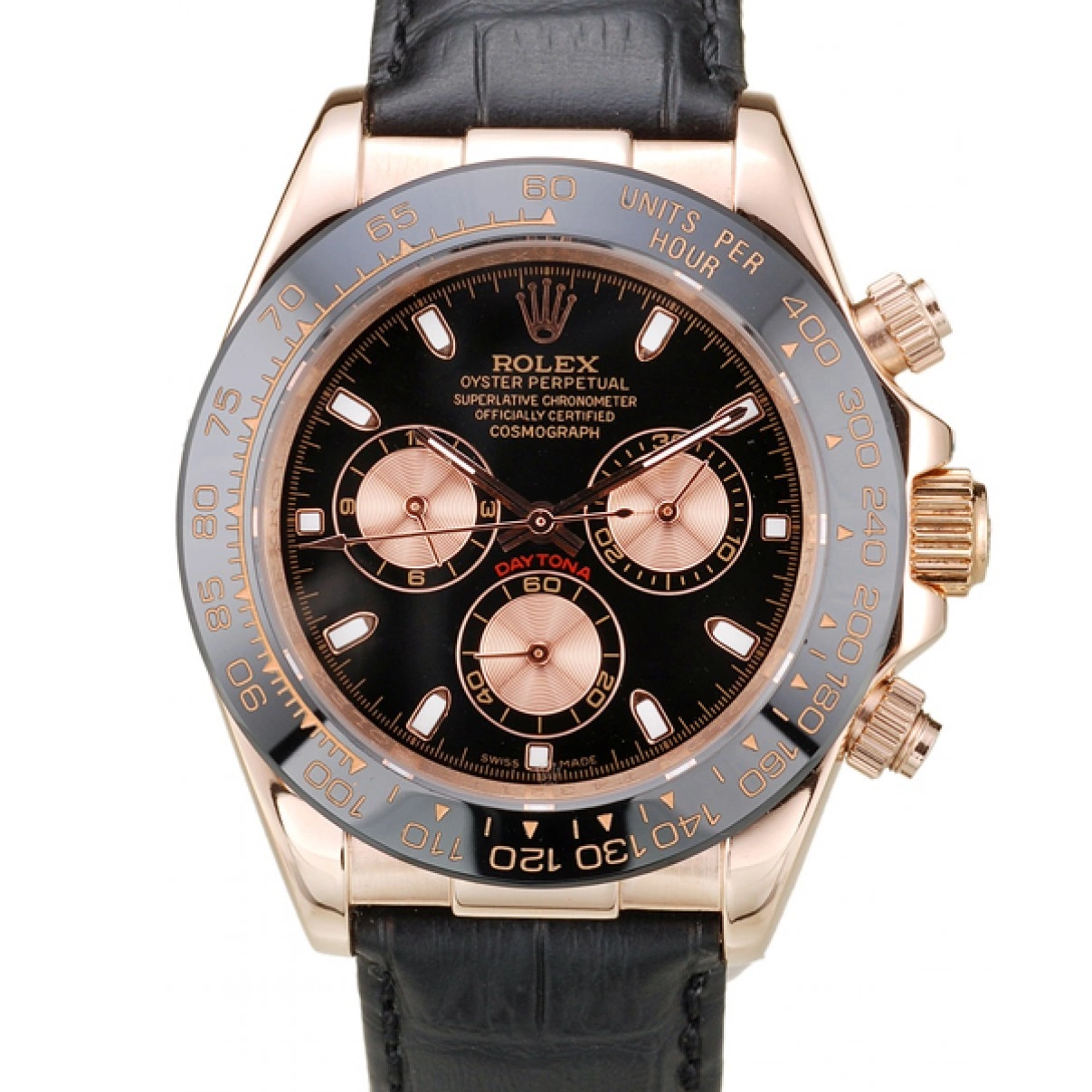 Best AAA Replica Sites Strap Dial Black Gold Rose Rolex Black Leather Case Daytona 0212