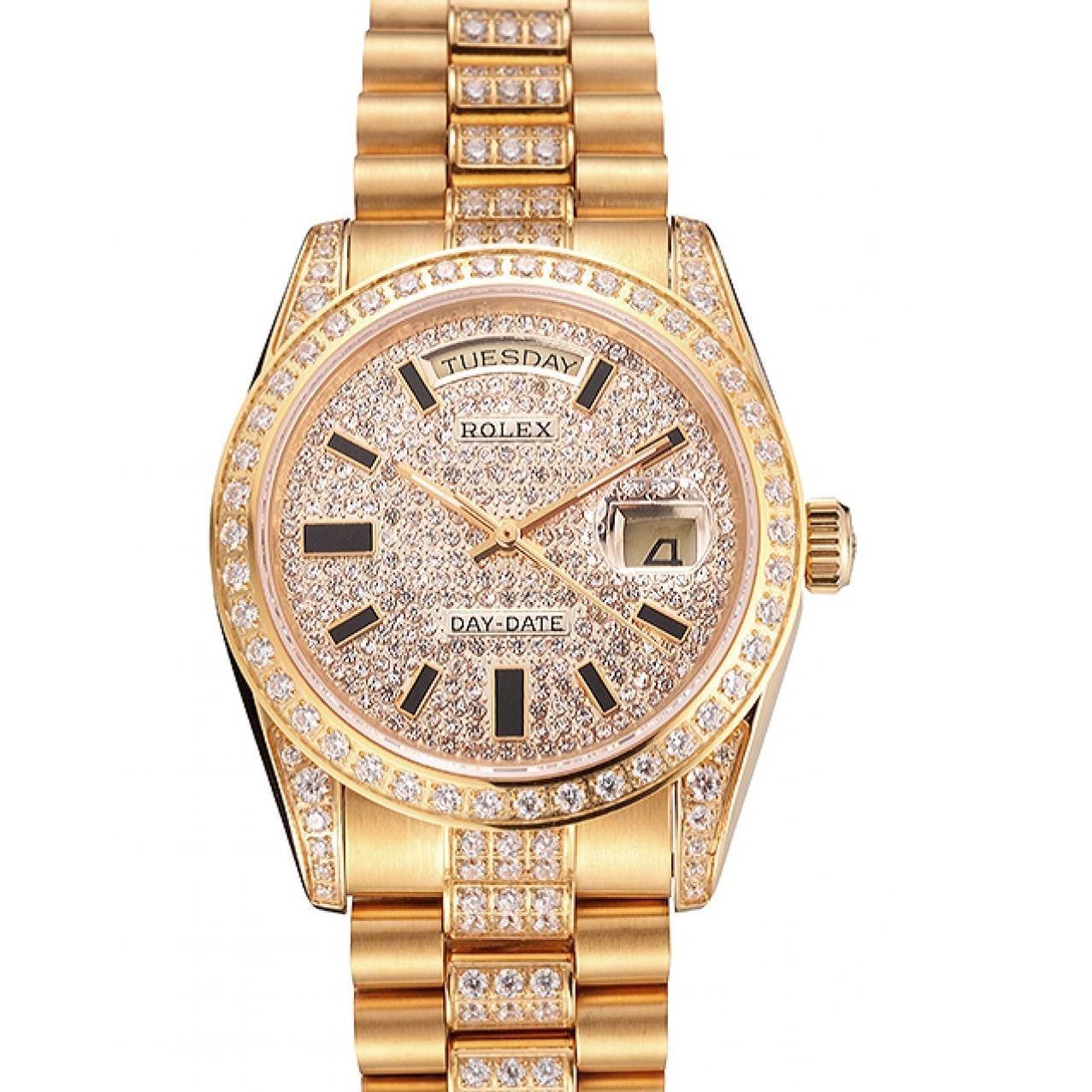 AAA Replica Watches Gold Rolex Pave Diamond Swiss Yellow Day Date 0214