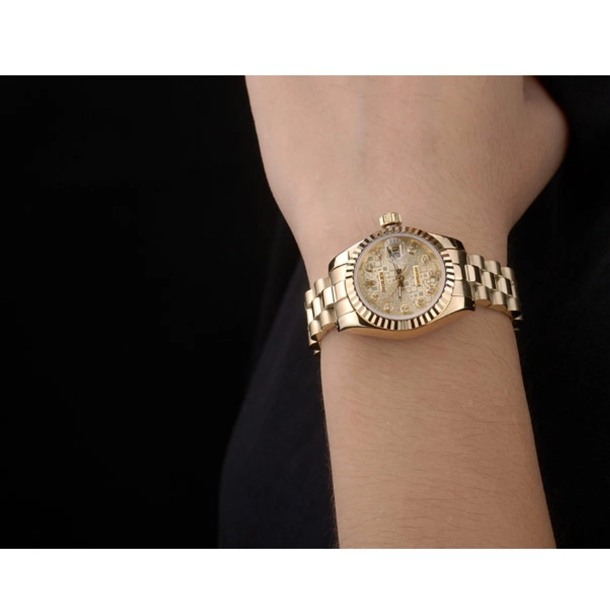 Good Copy Rolex Watches Ribbed Dial Gold Bezel Gold Rolex Pattern DateJust 0215