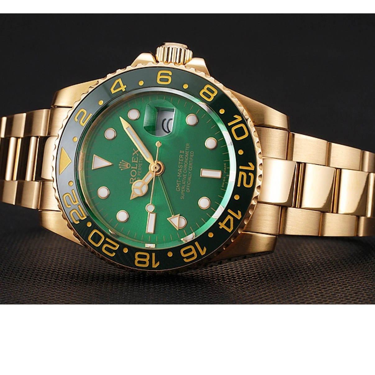 Best AAA Replica Sites Green Rolex Swiss II Master Bracelet Dial And 1453750 Gold GMT Case Bezel And 0213