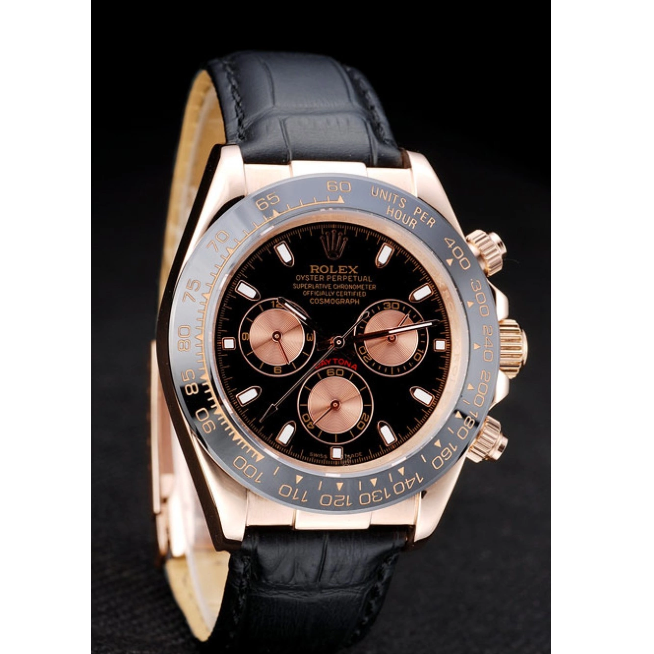 Best AAA Replica Sites Strap Dial Black Gold Rose Rolex Black Leather Case Daytona 0212