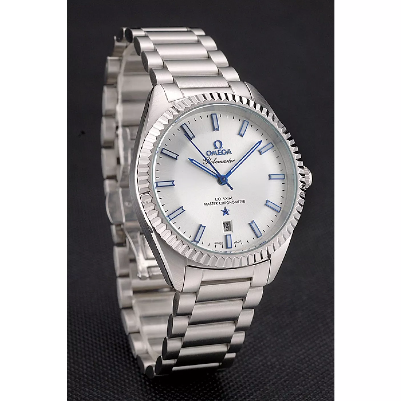 Good Copy Rolex Watches Omega Globemaster Silver Dial Blue Hands Stainless Steel Case And Bracelet 0206