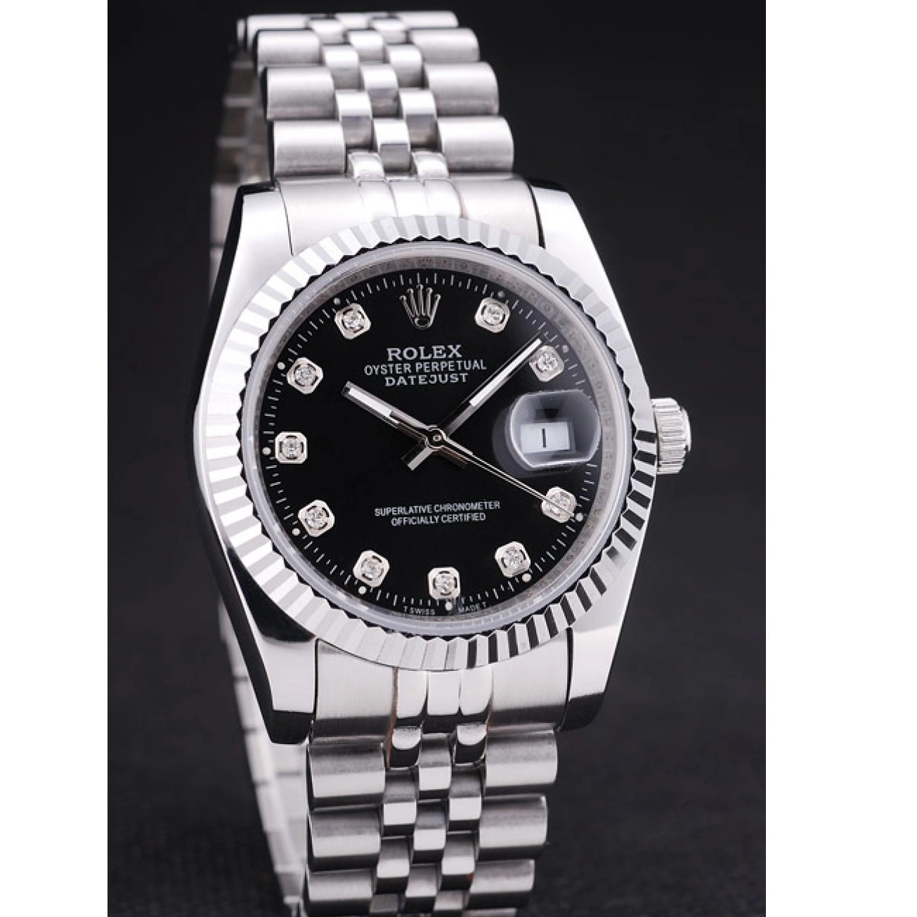 Good Copy Rolex Watches Ribbed Datejust Black Bezel Rolex 7458 Dial Diamonds 0213