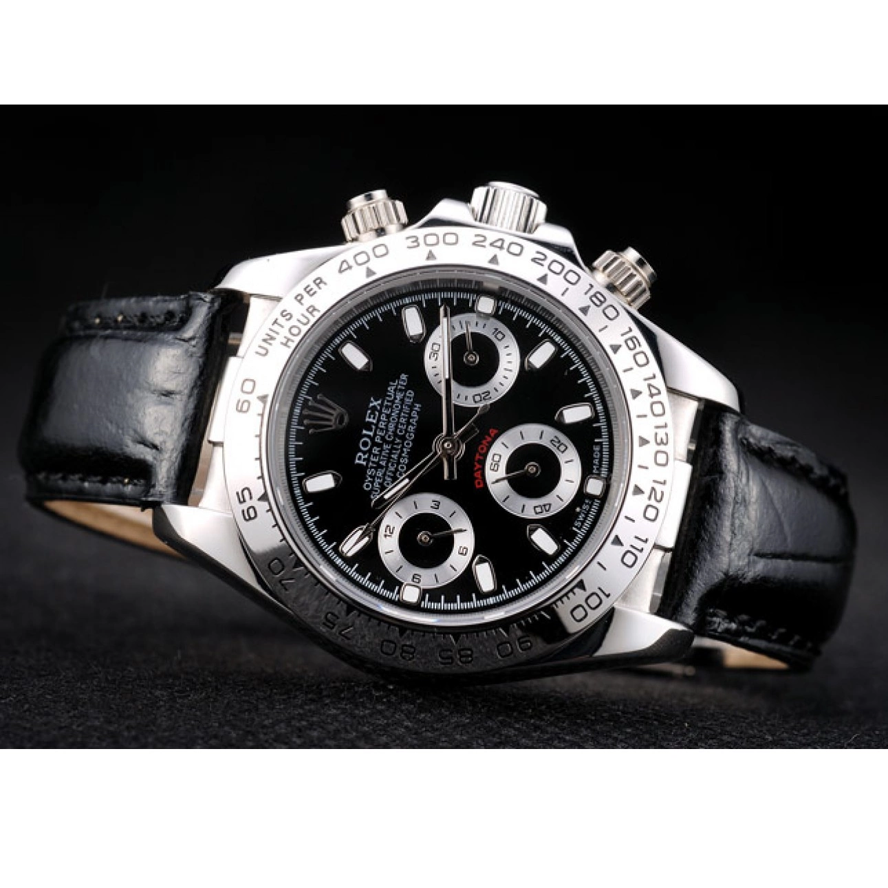 Good Copy Rolex Watches Stainless Black Case Tachymeter Daytona Dial Leather Rolex Lady Black Steel Strap 0219