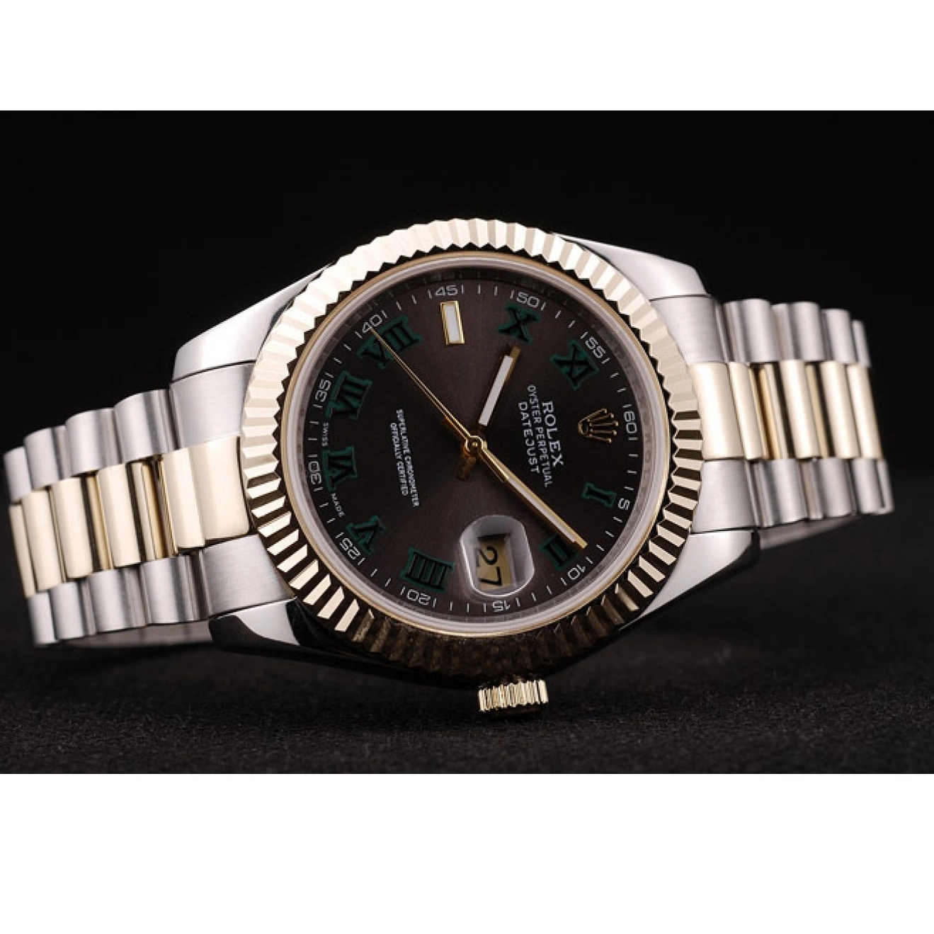 Best AAA Replica Sites Pattern Bezel Rolex Dial Gold Ribbed Brown DateJust 0219