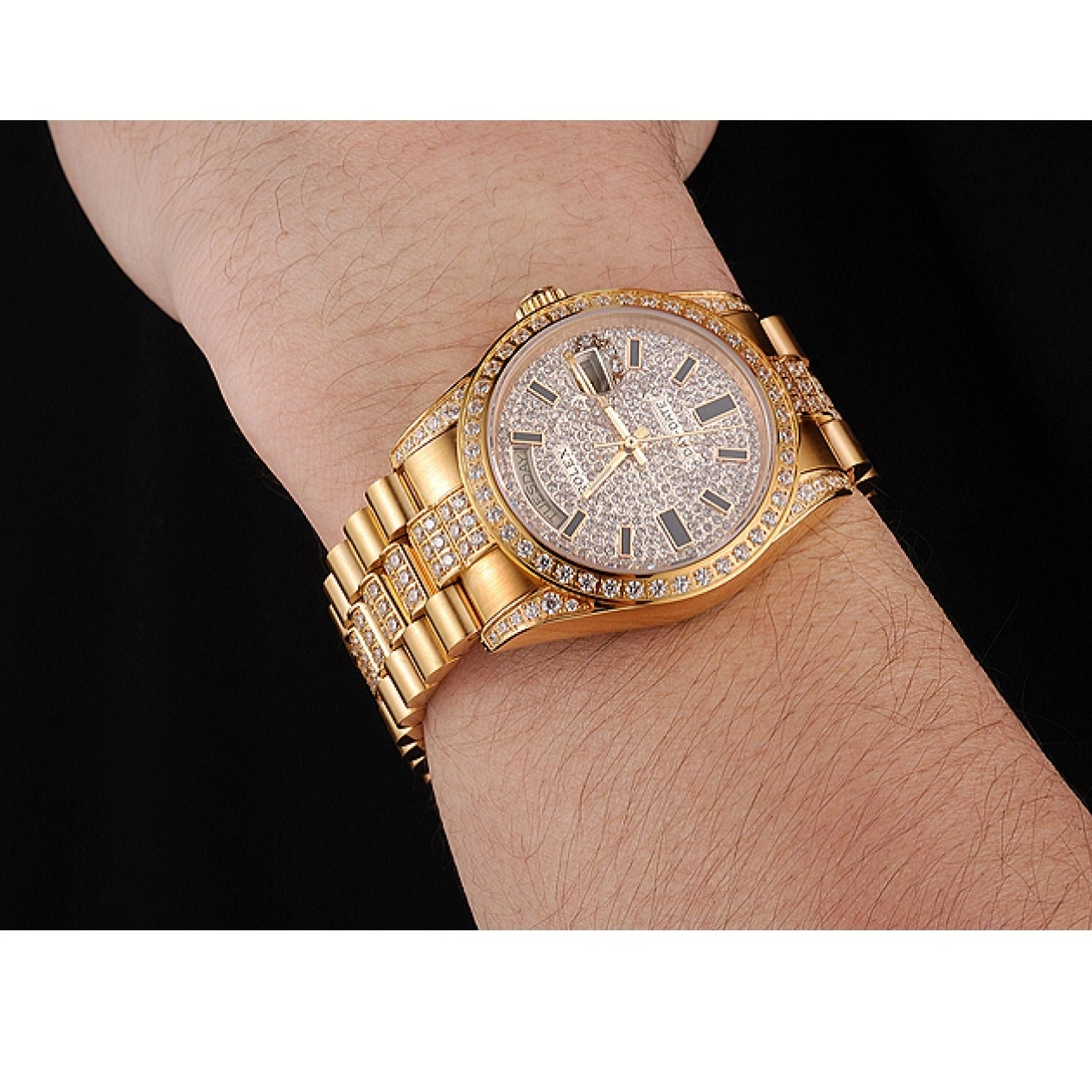 Best AAA Replica Sites Pave Gold Yellow Rolex Swiss Diamond Day Date 0218