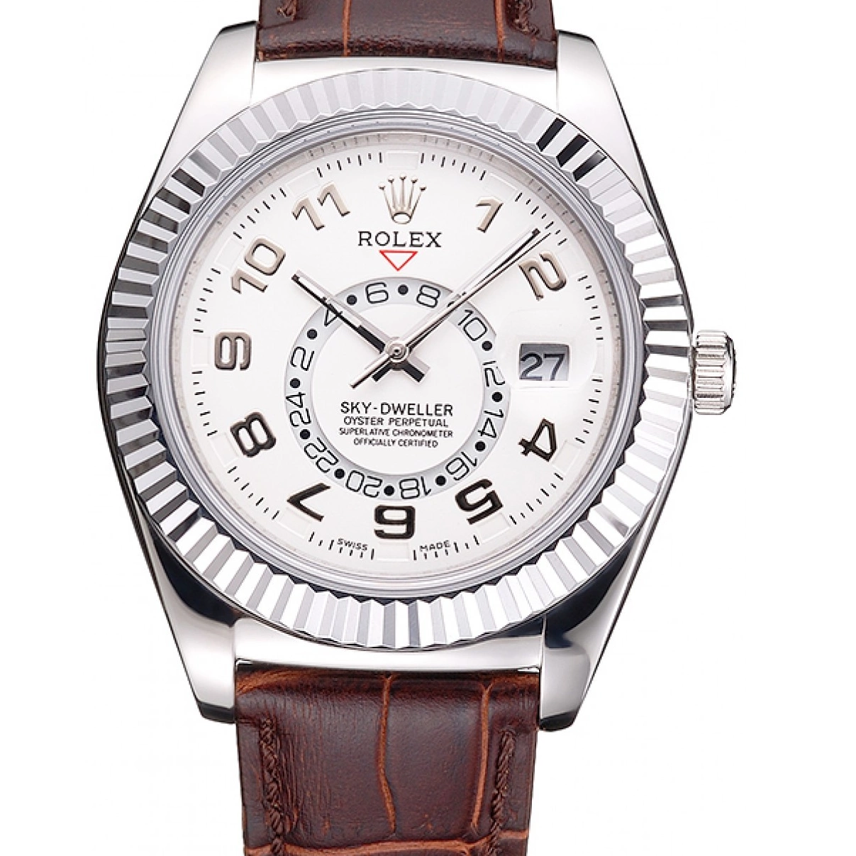 Best AAA Replica Sites White Brown Dweller Steel Stainless Strap Case Leather Dial Rolex Sky 0209