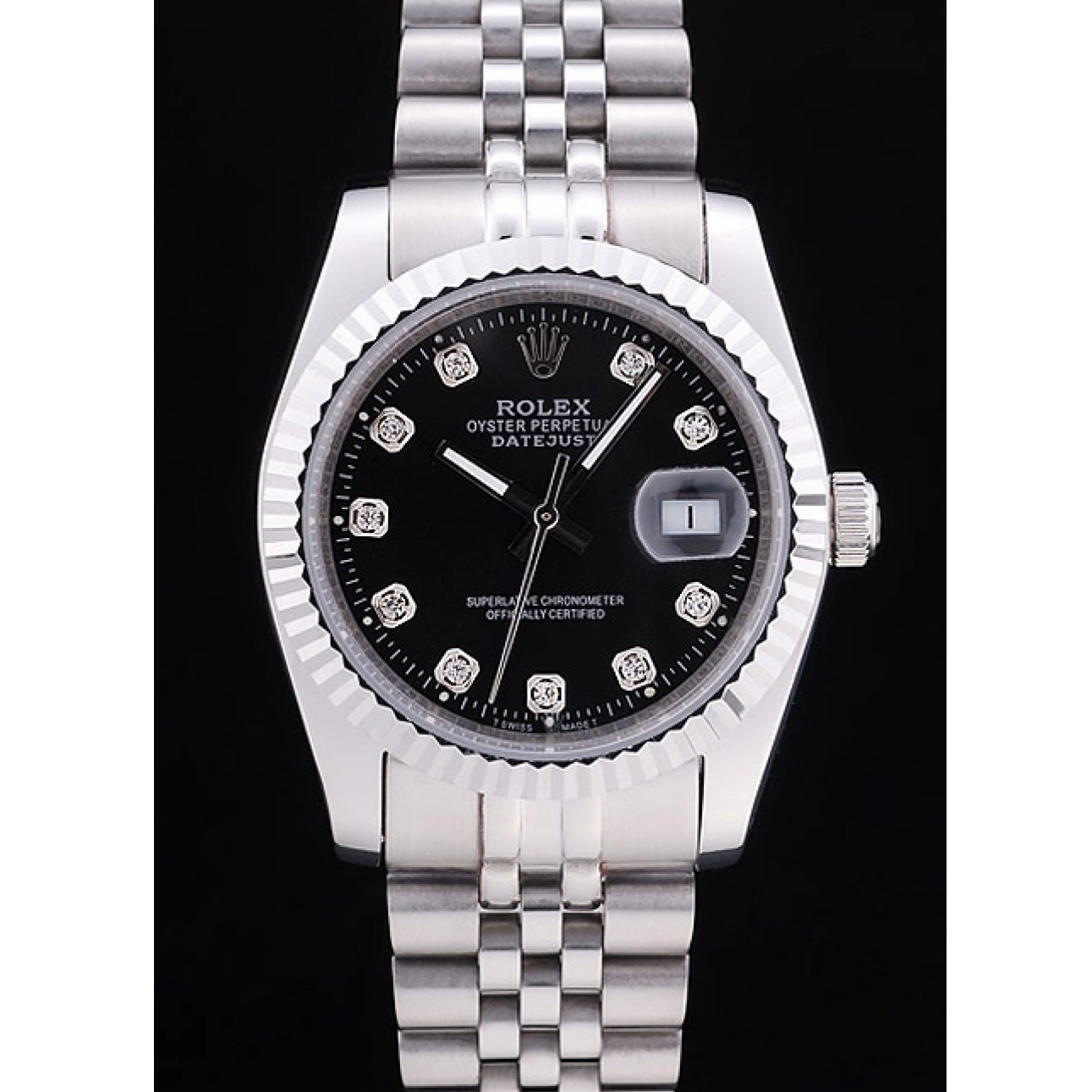 Good Copy Rolex Watches Ribbed Datejust Black Bezel Rolex 7458 Dial Diamonds 0213