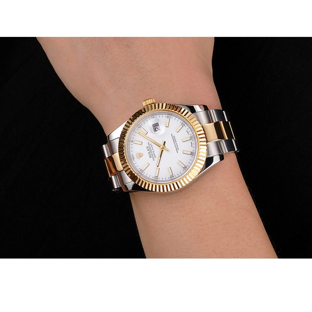 Best AAA Replica Sites Datejust Swiss Stainless Steel Rolex Gold Bracelet Case Dial Two White Tone 0222