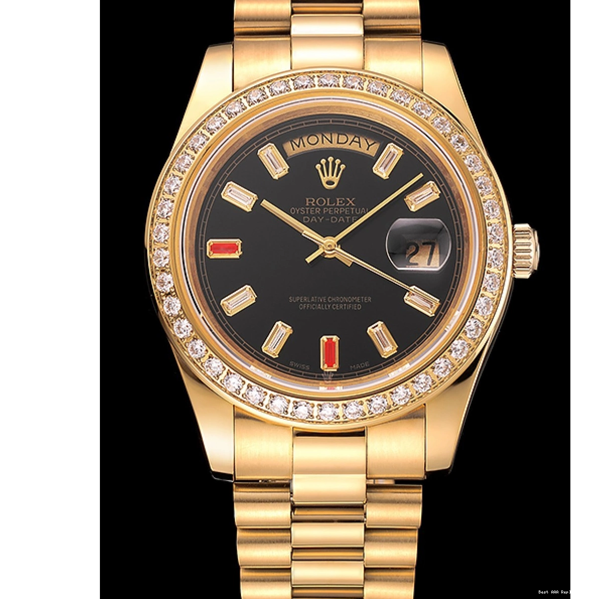 Best AAA Replica Sites Black Rolex 1454101 Dial Swiss Gold And Rubies Day-Date Bracelet Diamonds 0222