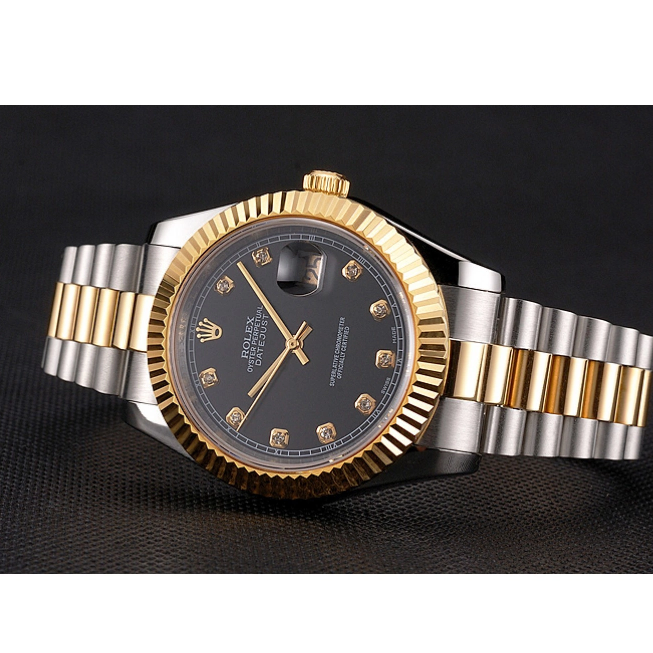 Best AAA Replica Sites Stainless Swiss Gold Steel Rolex Two Dial Bracelet Bezel Black Case Tone Datejust 0221