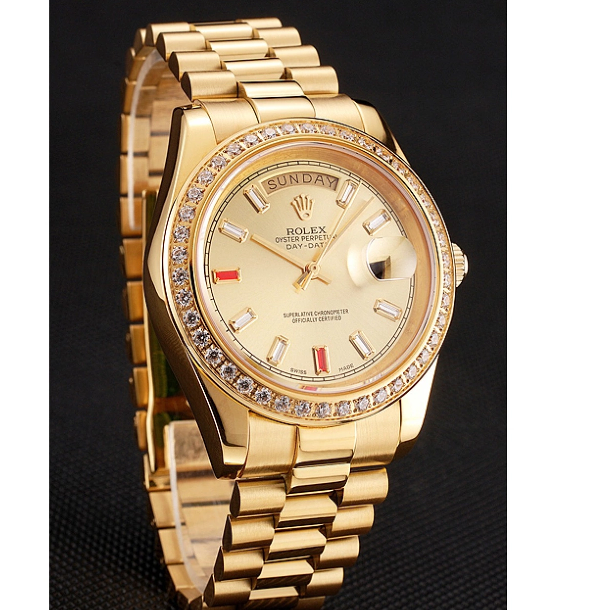 Best AAA Replica Sites Gold Diamonds Dial Bracelet Day-Date Champagne 1454100 Rubies Rolex Swiss And 0223