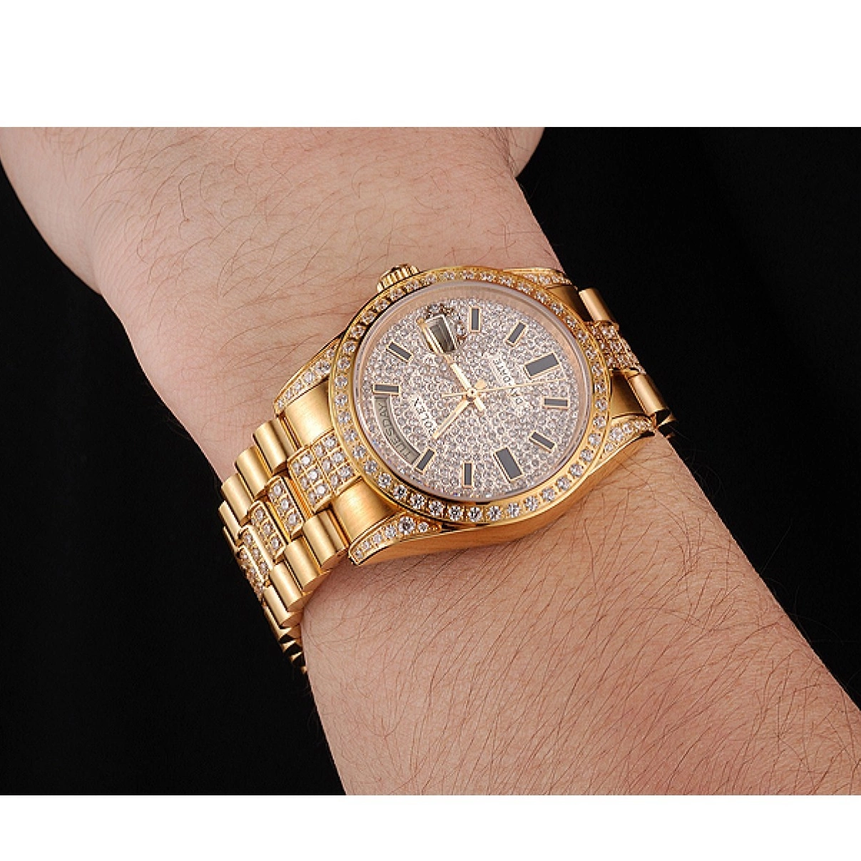 AAA Replica Watches Gold Rolex Pave Diamond Swiss Yellow Day Date 0214