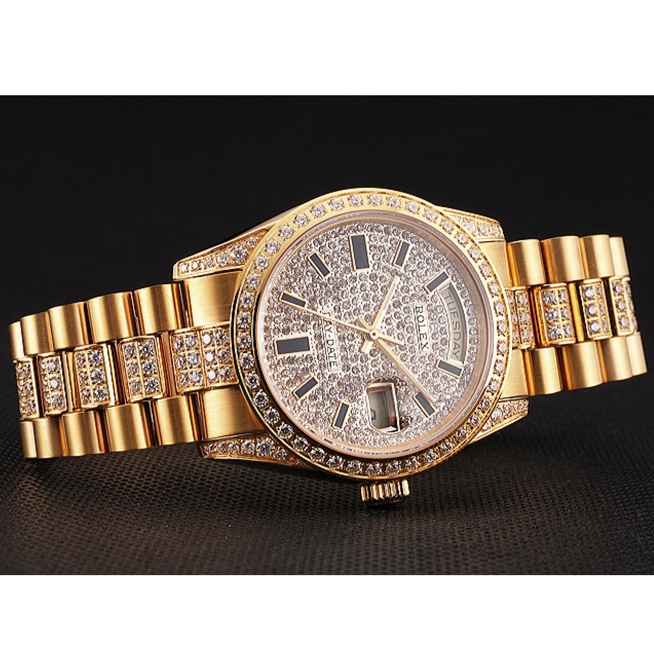 Best AAA Replica Sites Pave Gold Yellow Rolex Swiss Diamond Day Date 0218