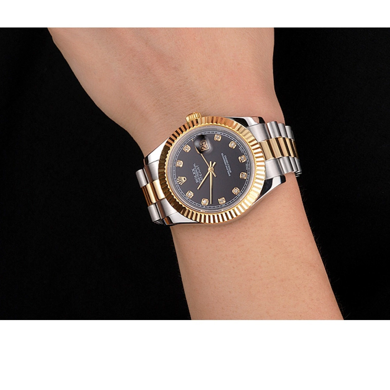 Best AAA Replica Sites Stainless Swiss Gold Steel Rolex Two Dial Bracelet Bezel Black Case Tone Datejust 0221