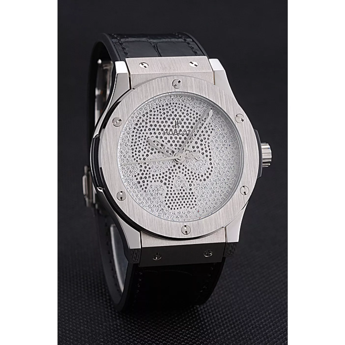 Best AAA Replica Sites Hublot Classic Fusion Diamond Skull Dial Stainless Steel Case Black Leather Strap 622814 0203