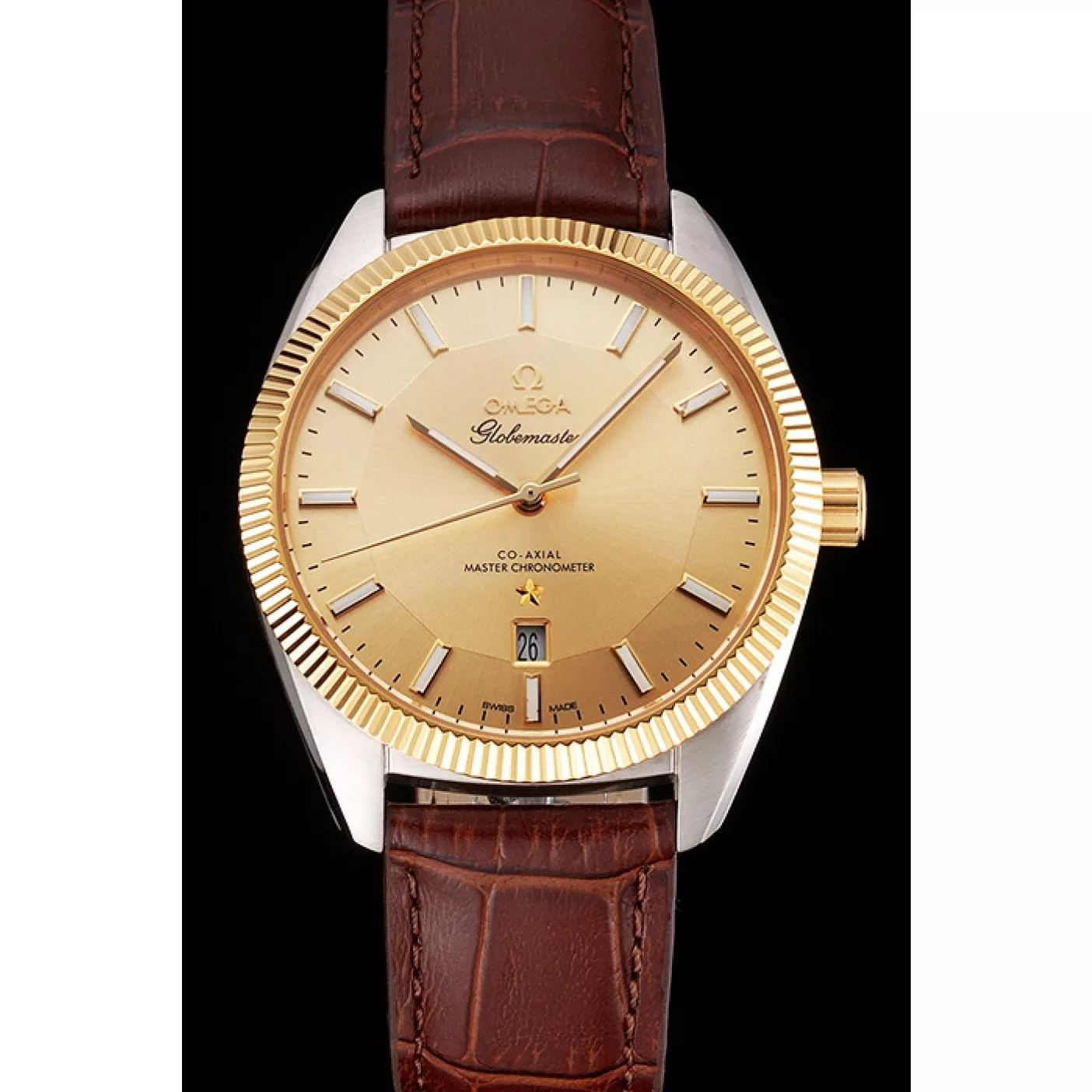 Best AAA Replica Sites Omega Globemaster Gold Dial And Bezel Stainless Steel Case Brown Leather Strap 0206