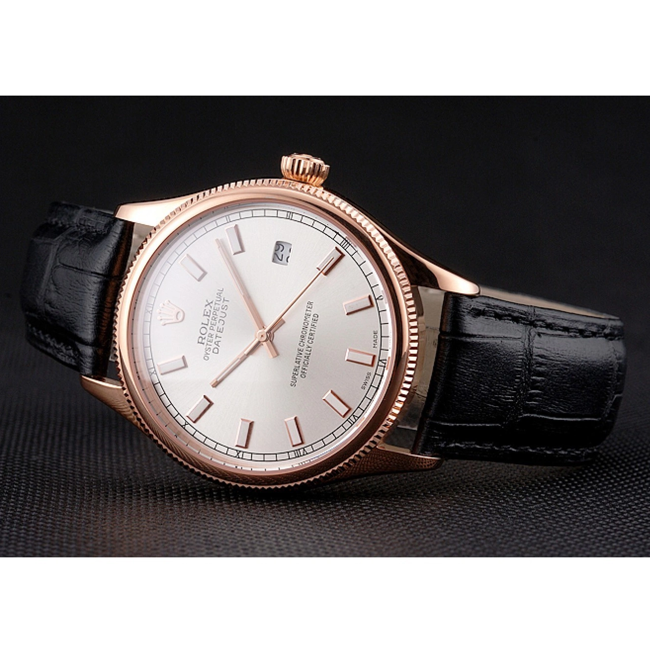 Good Copy Rolex Watches Black Datejust Rose Case Swiss White Dial Gold Rolex Strap Leather 0221