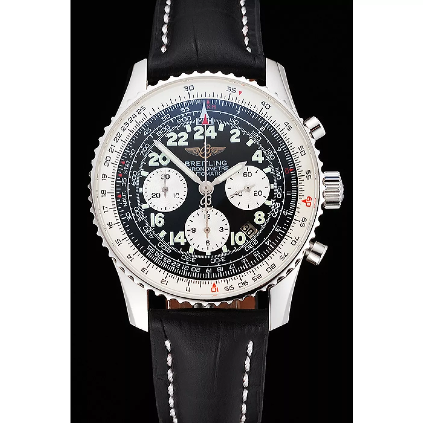 Good Copy Rolex Watches Swiss Breitling Navitimer Cosmonaute Black Dial Stainless Steel Case Black Leather Strap 0205