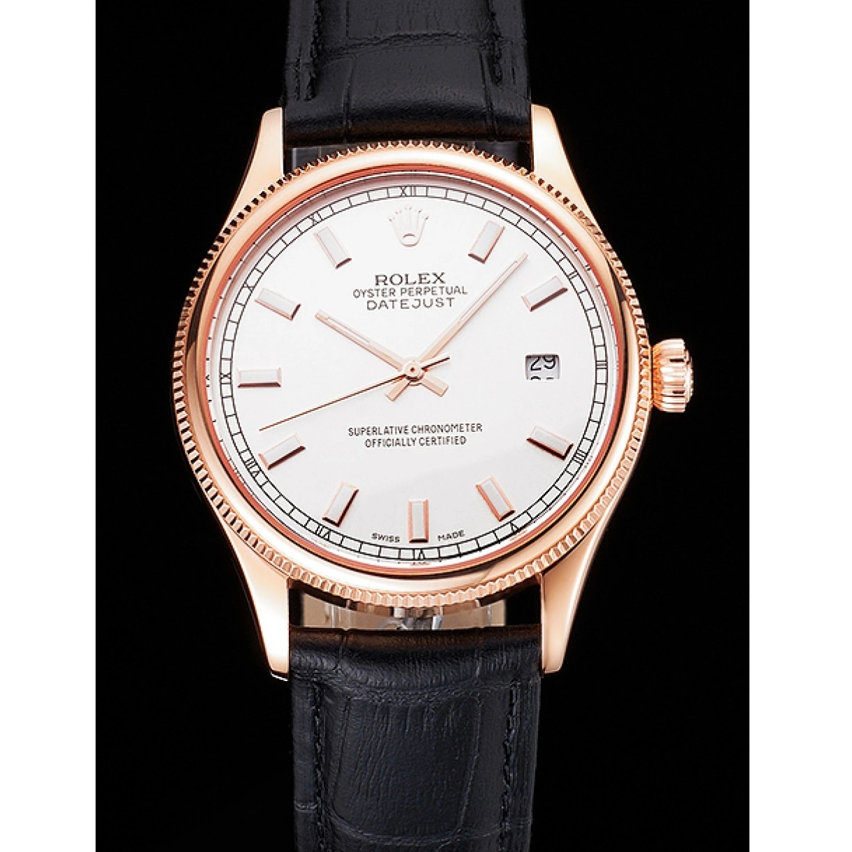 Good Copy Rolex Watches Black Datejust Rose Case Swiss White Dial Gold Rolex Strap Leather 0221