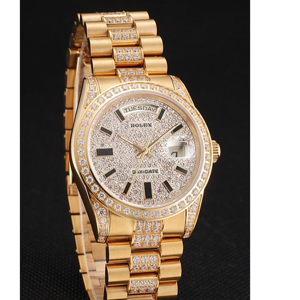 AAA Replica Watches Gold Rolex Pave Diamond Swiss Yellow Day Date 0214