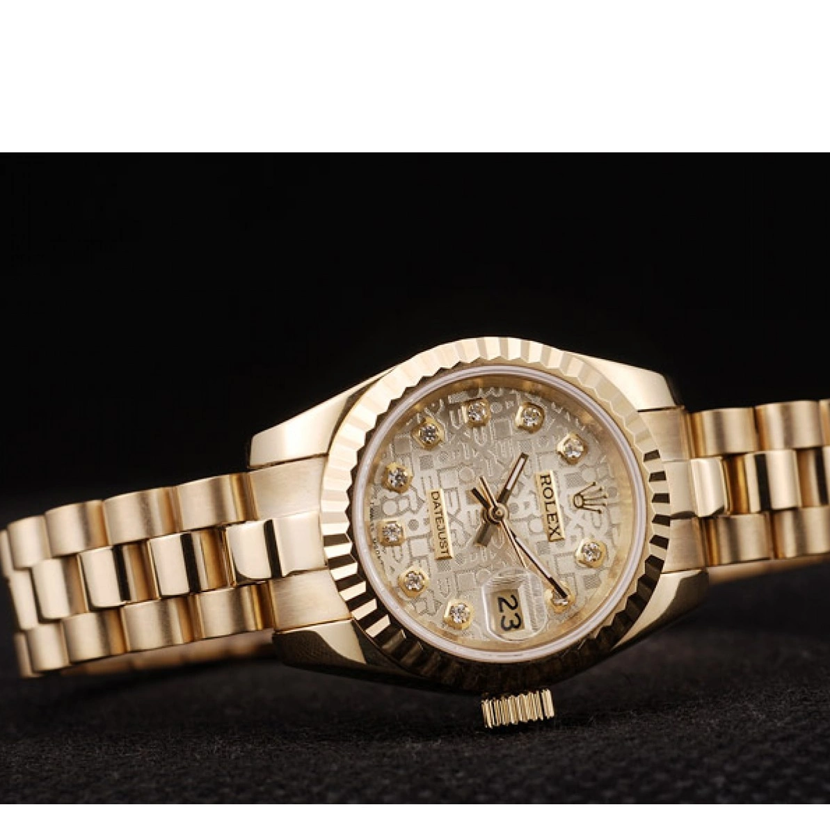 Good Copy Rolex Watches Ribbed Dial Gold Bezel Gold Rolex Pattern DateJust 0215