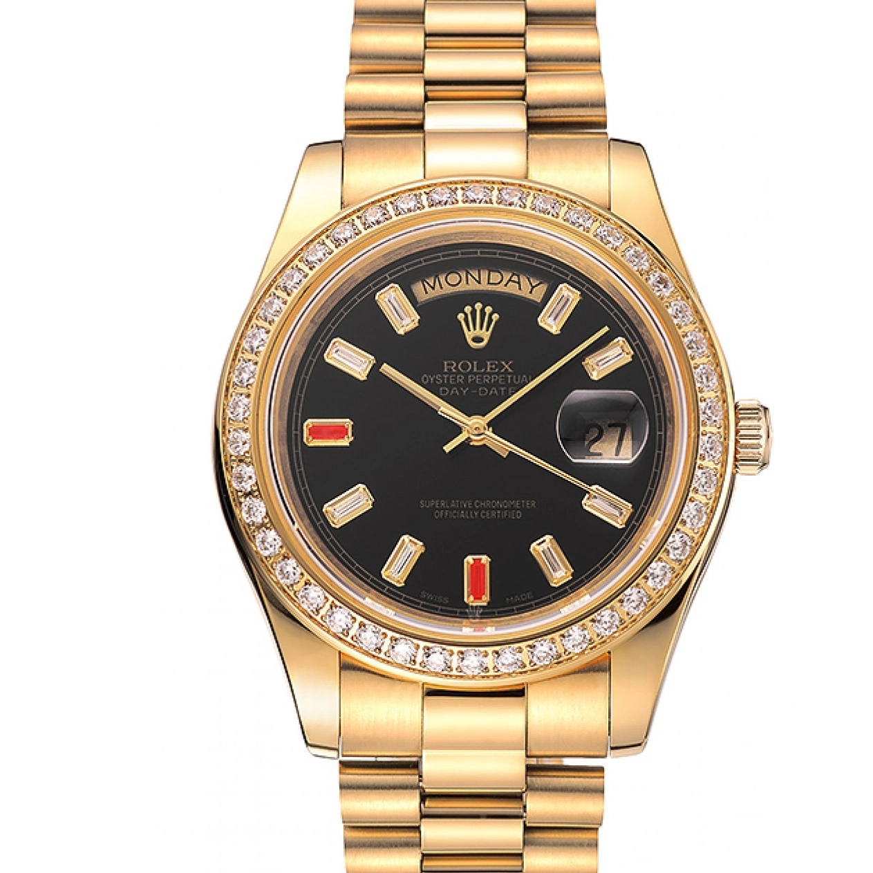 AAA Replica Watches Bracelet Rolex Diamonds Black Rubies Dial Gold And Day-Date Swiss 1454101 0221