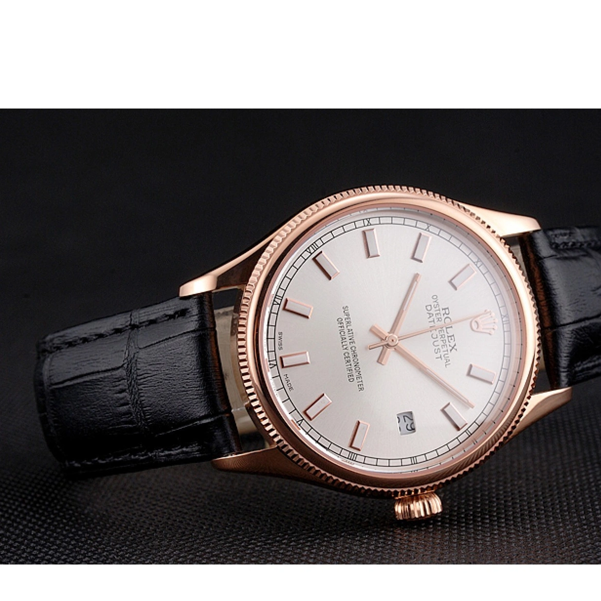 Good Copy Rolex Watches Black Datejust Rose Case Swiss White Dial Gold Rolex Strap Leather 0221