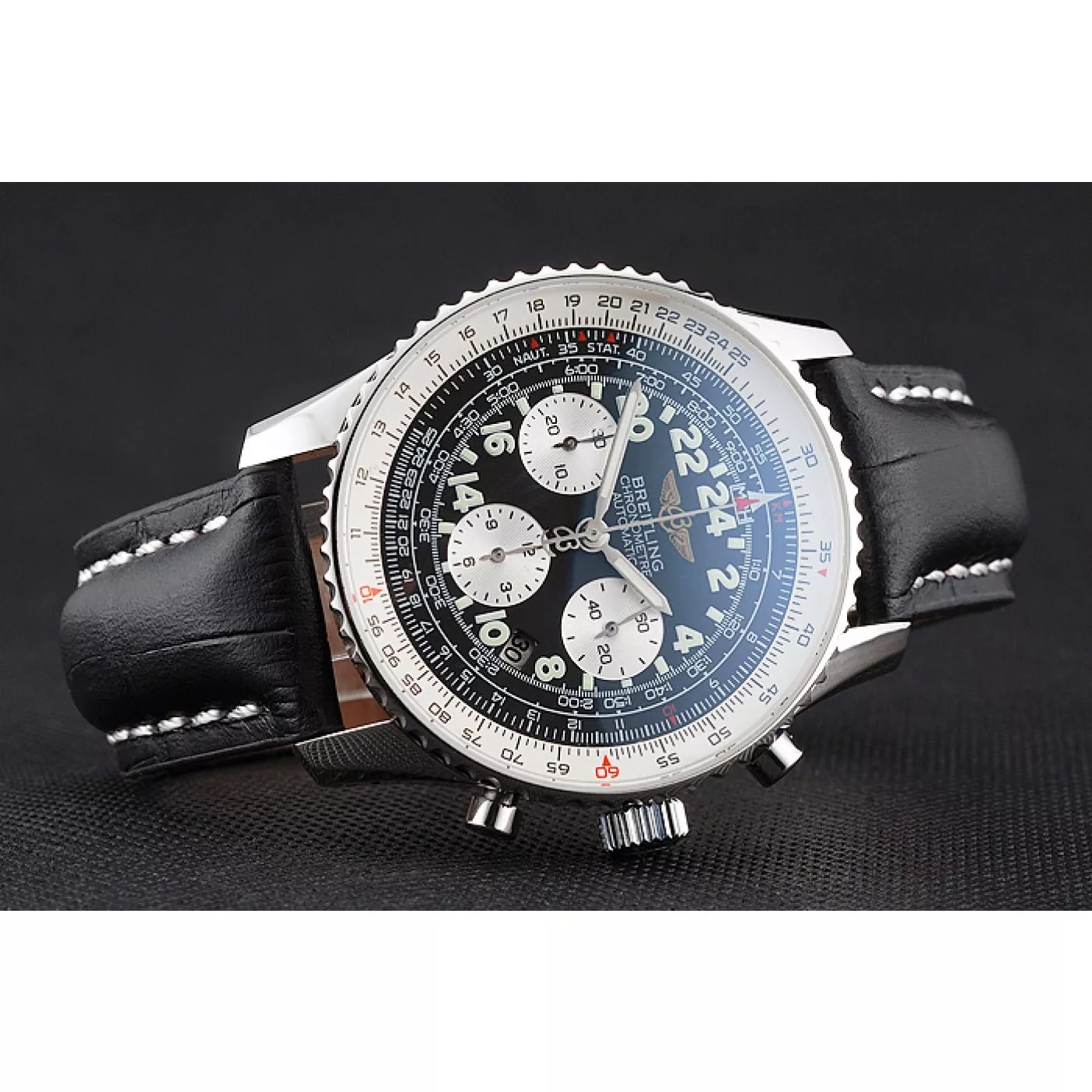 Good Copy Rolex Watches Swiss Breitling Navitimer Cosmonaute Black Dial Stainless Steel Case Black Leather Strap 0205