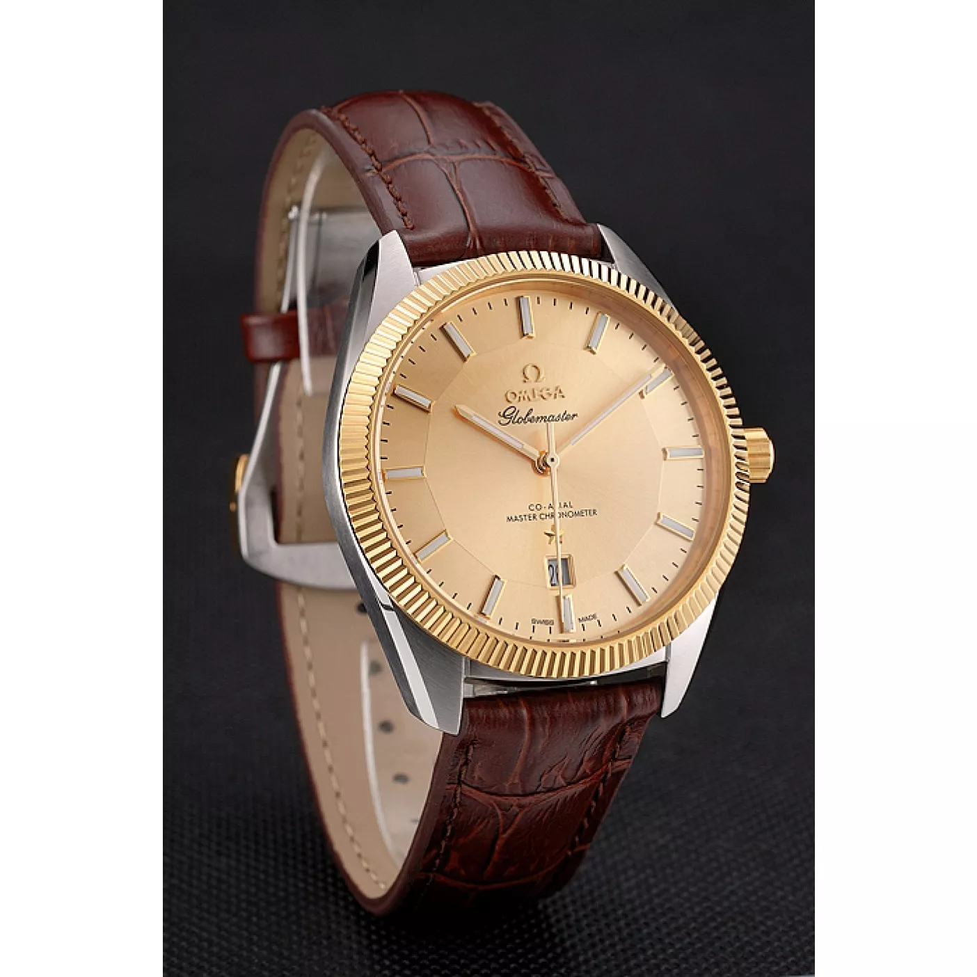 Best AAA Replica Sites Omega Globemaster Gold Dial And Bezel Stainless Steel Case Brown Leather Strap 0206