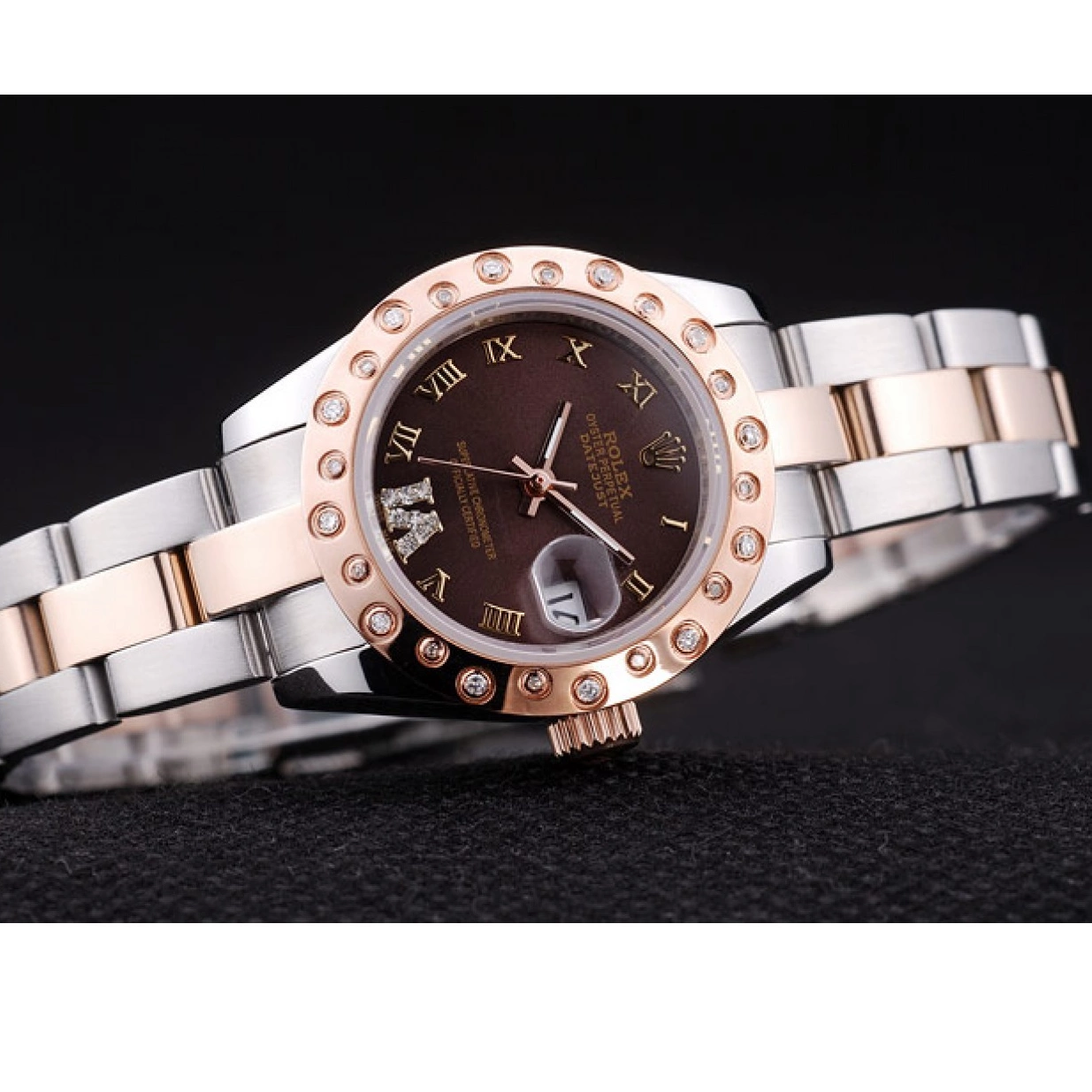 AAA Replica Watches Gold Dial Polished Datejust Rolex Rose Brown Bezel Diamonds 7475 0213