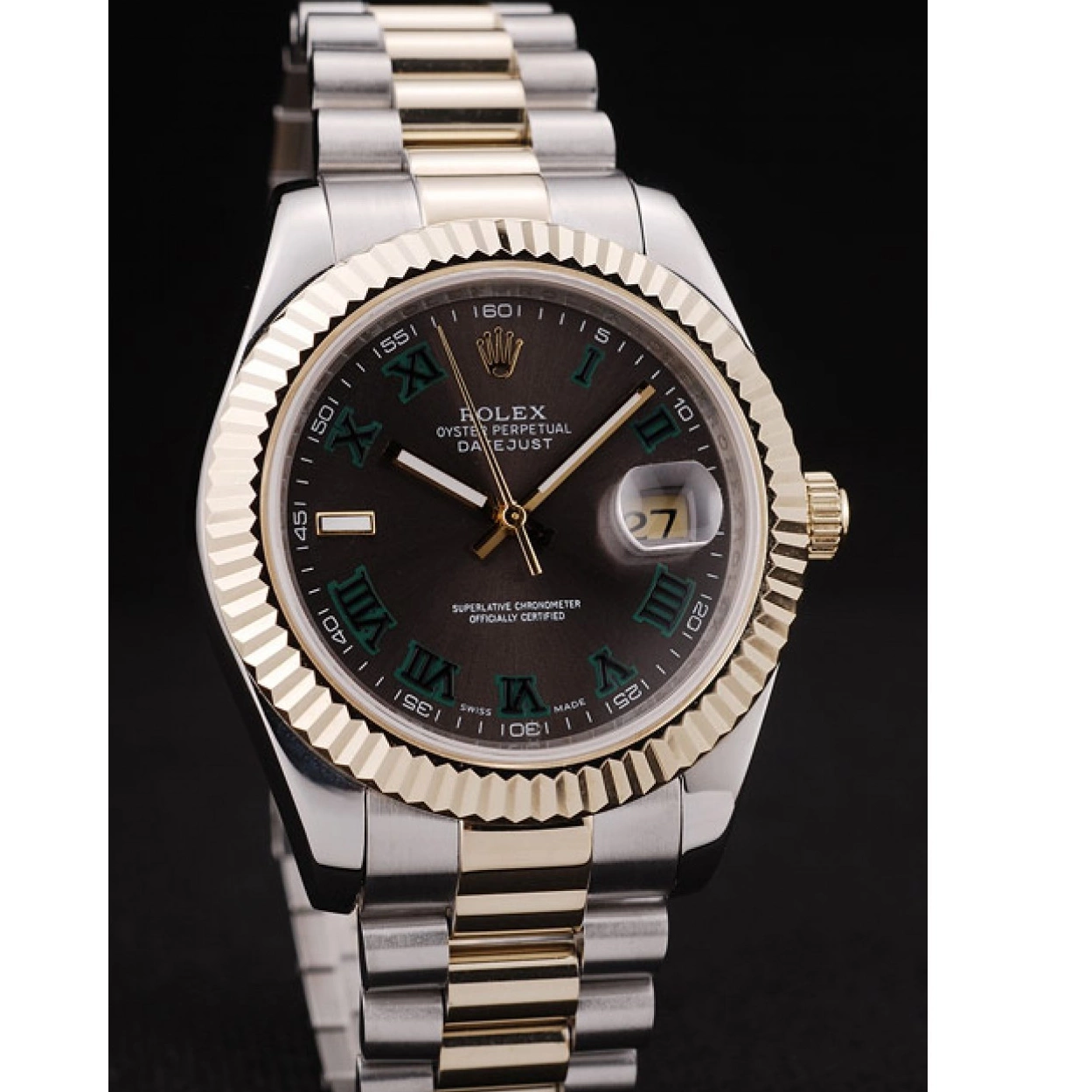 Best AAA Replica Sites Pattern Bezel Rolex Dial Gold Ribbed Brown DateJust 0219