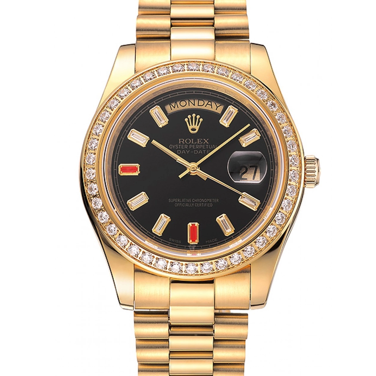 Best AAA Replica Sites Black Rolex 1454101 Dial Swiss Gold And Rubies Day-Date Bracelet Diamonds 0222