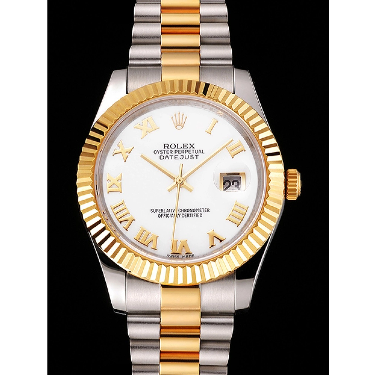 AAA Replica Watches Rolex Two Swiss Roman Bezel Bracelet Stainless Datejust Gold Steel Tone Dial Case Numerals White 0220