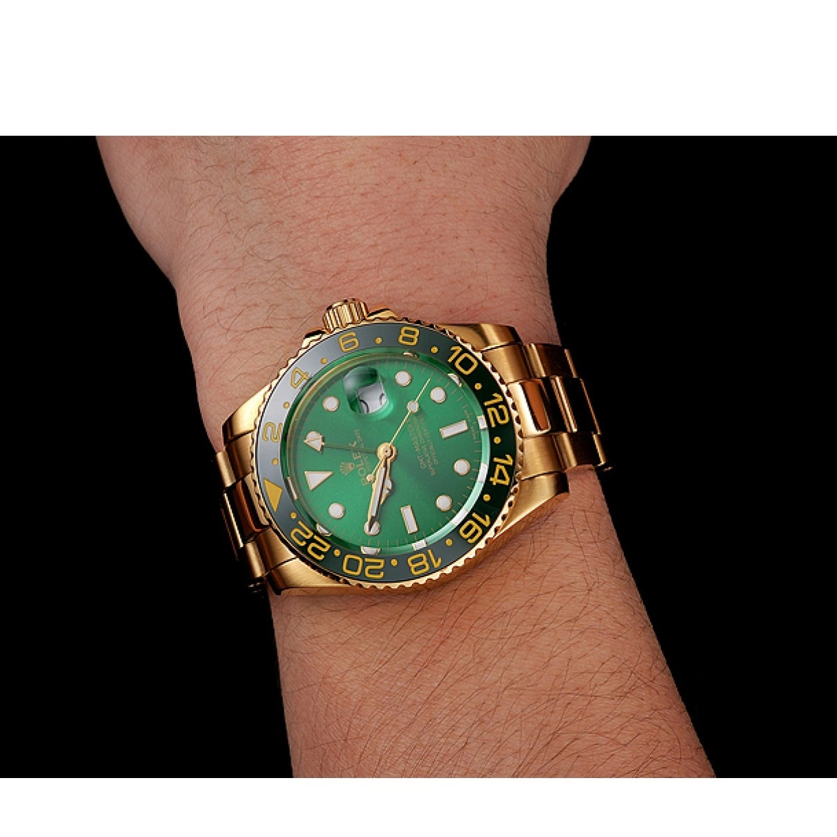 Best AAA Replica Sites Green Rolex Swiss II Master Bracelet Dial And 1453750 Gold GMT Case Bezel And 0213