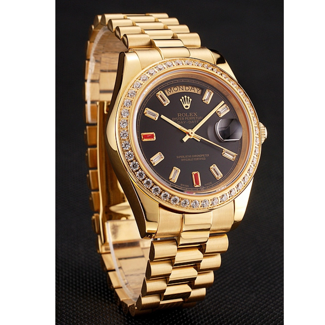 Best AAA Replica Sites Black Rolex 1454101 Dial Swiss Gold And Rubies Day-Date Bracelet Diamonds 0222