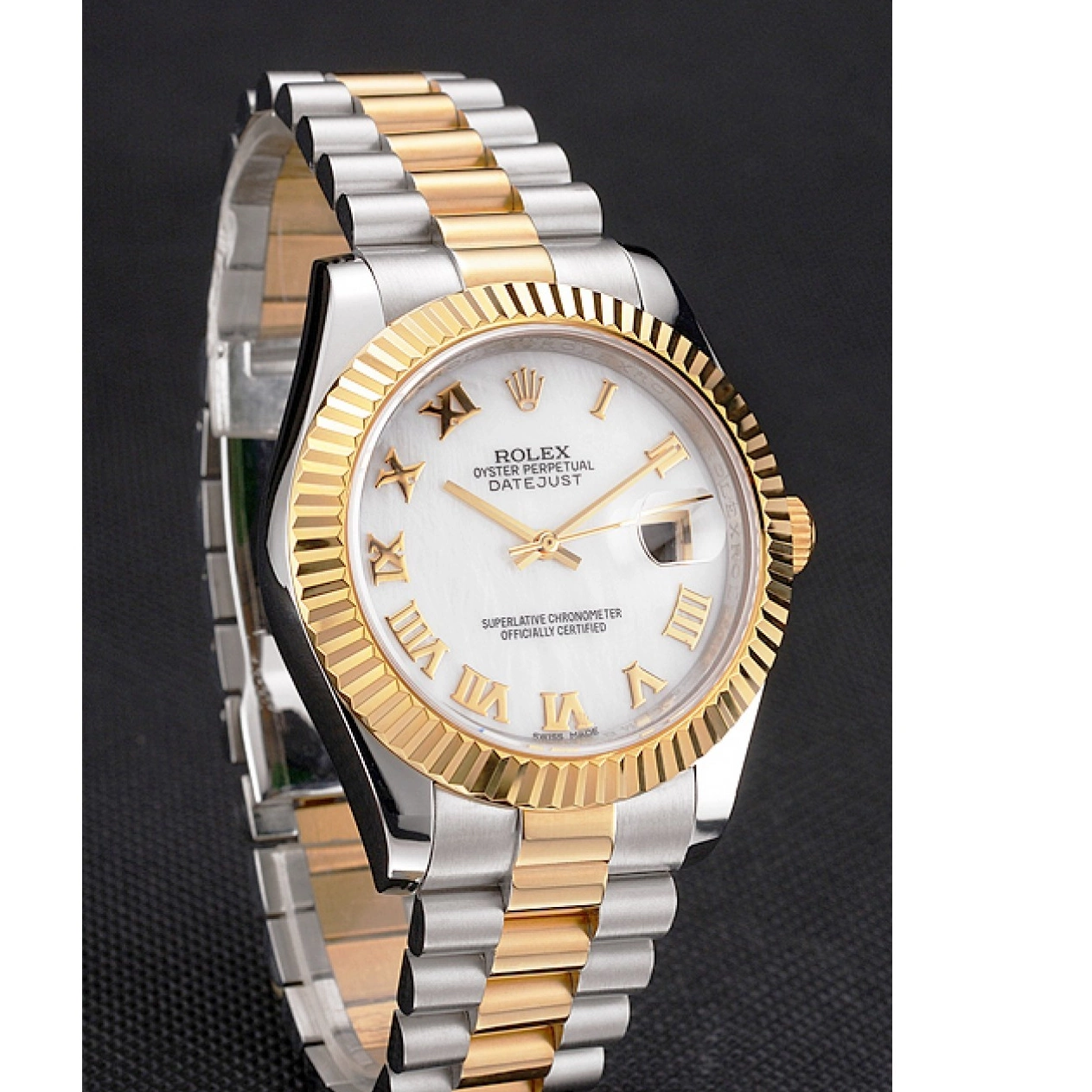 AAA Replica Watches Rolex Two Swiss Roman Bezel Bracelet Stainless Datejust Gold Steel Tone Dial Case Numerals White 0220