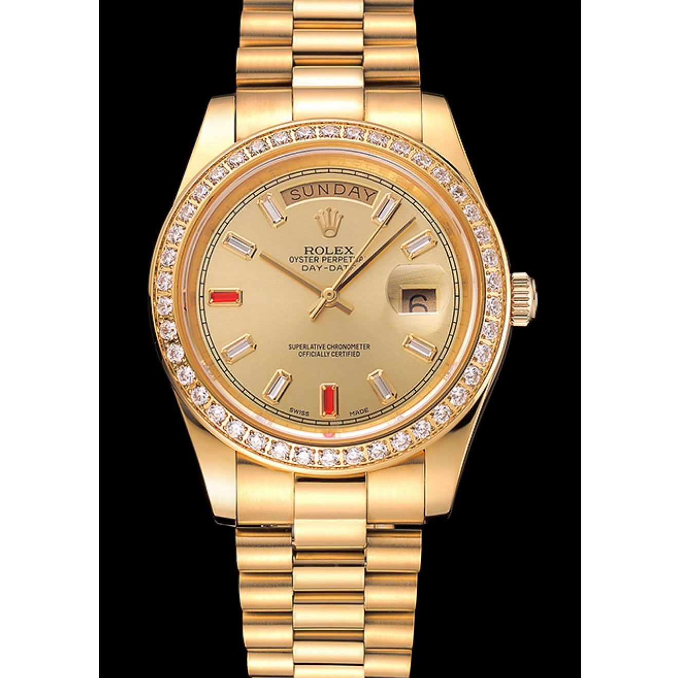 Best AAA Replica Sites Gold Diamonds Dial Bracelet Day-Date Champagne 1454100 Rubies Rolex Swiss And 0223