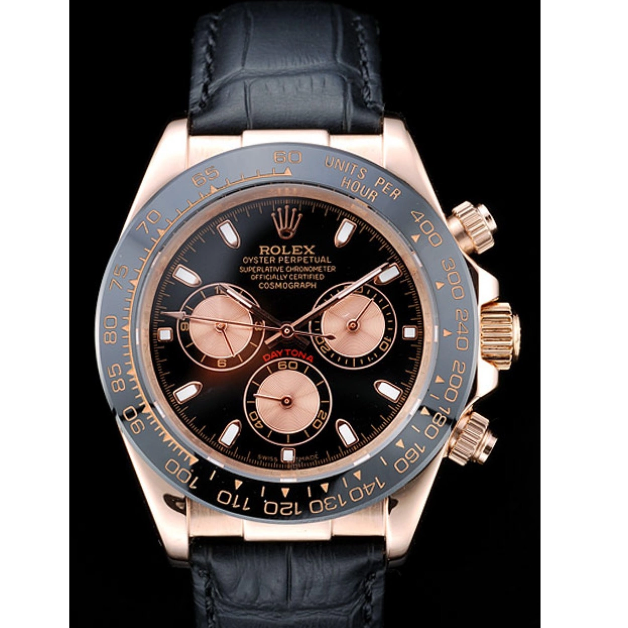 Best AAA Replica Sites Strap Dial Black Gold Rose Rolex Black Leather Case Daytona 0212