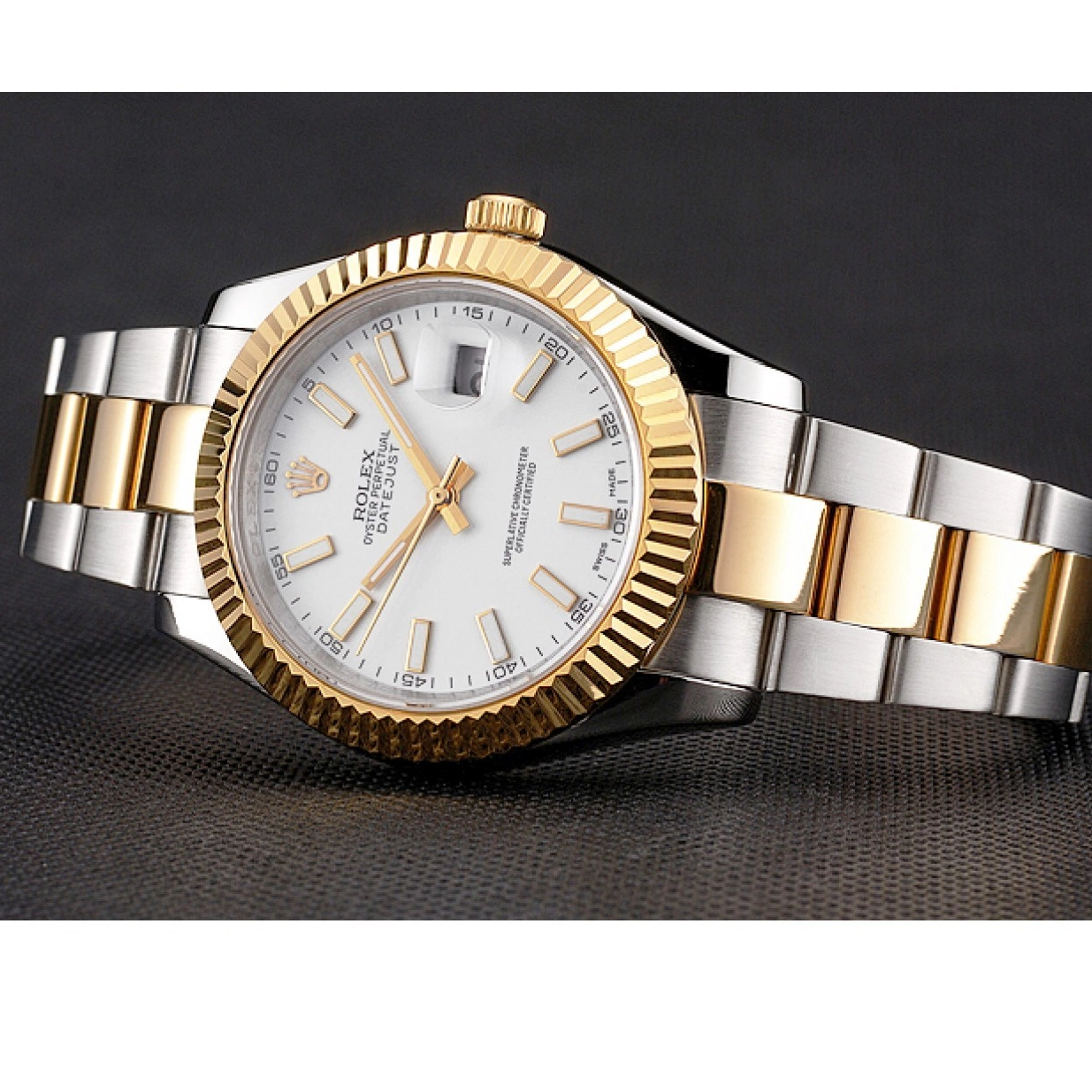 Best AAA Replica Sites Datejust Swiss Stainless Steel Rolex Gold Bracelet Case Dial Two White Tone 0222