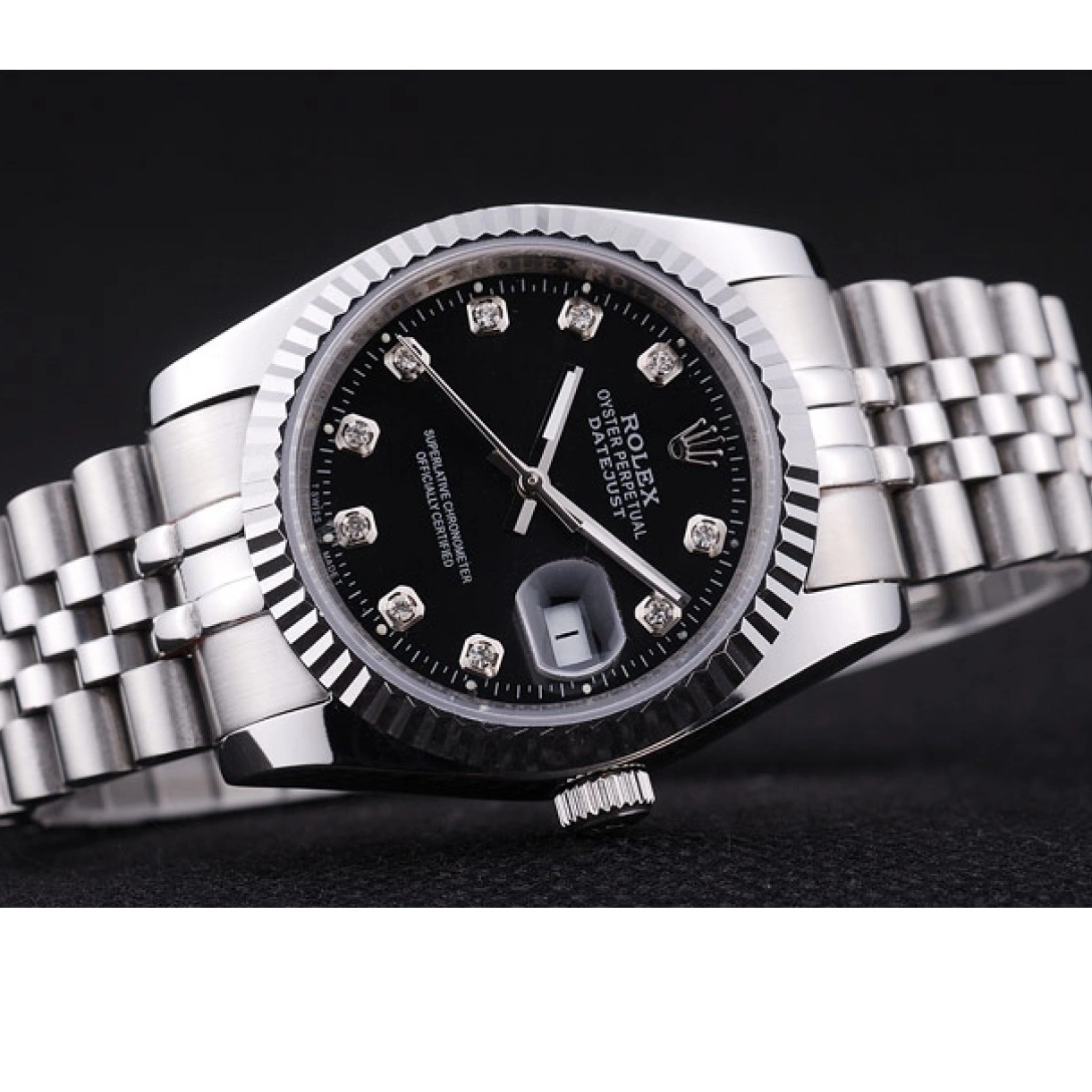 Good Copy Rolex Watches Ribbed Datejust Black Bezel Rolex 7458 Dial Diamonds 0213