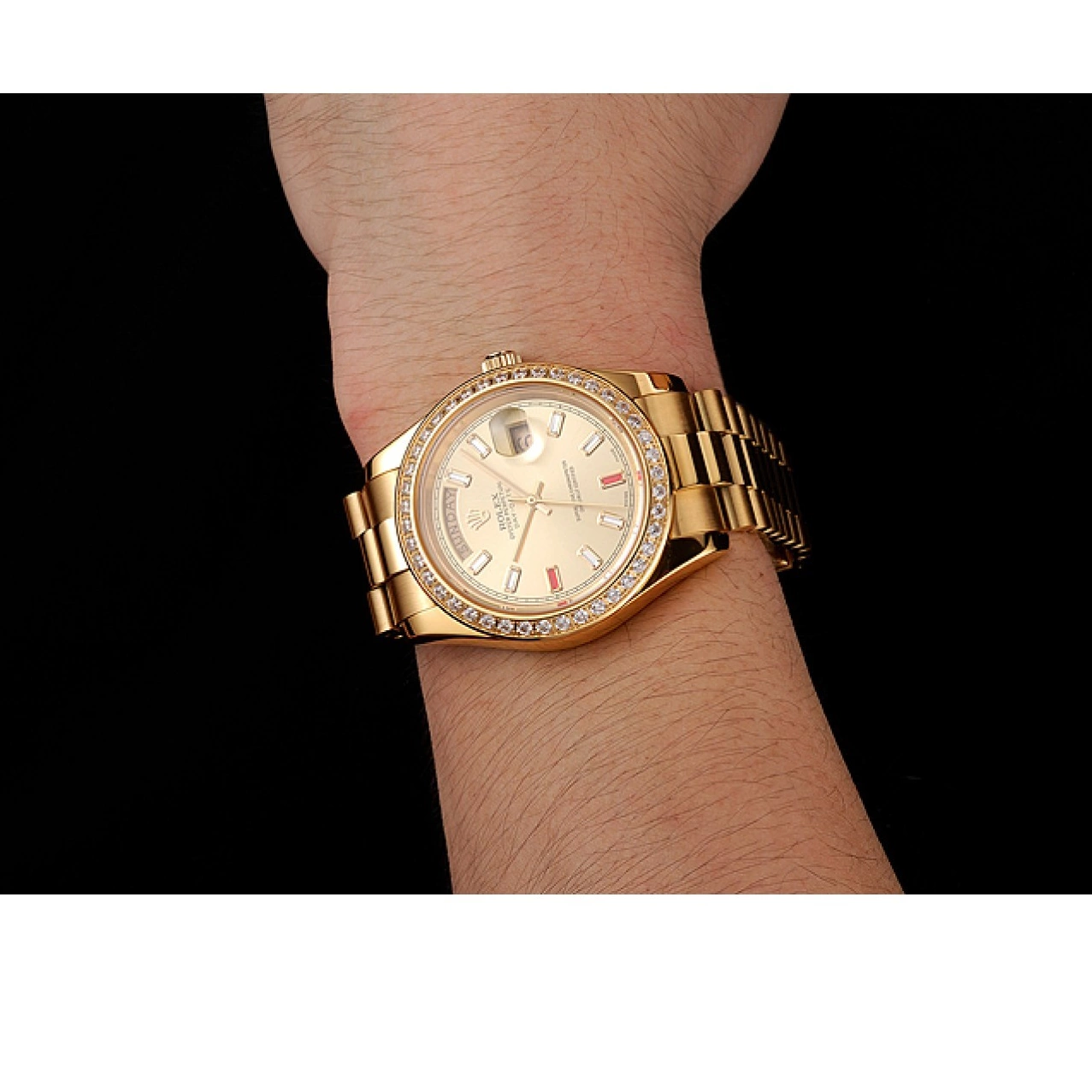 Best AAA Replica Sites Gold Diamonds Dial Bracelet Day-Date Champagne 1454100 Rubies Rolex Swiss And 0223